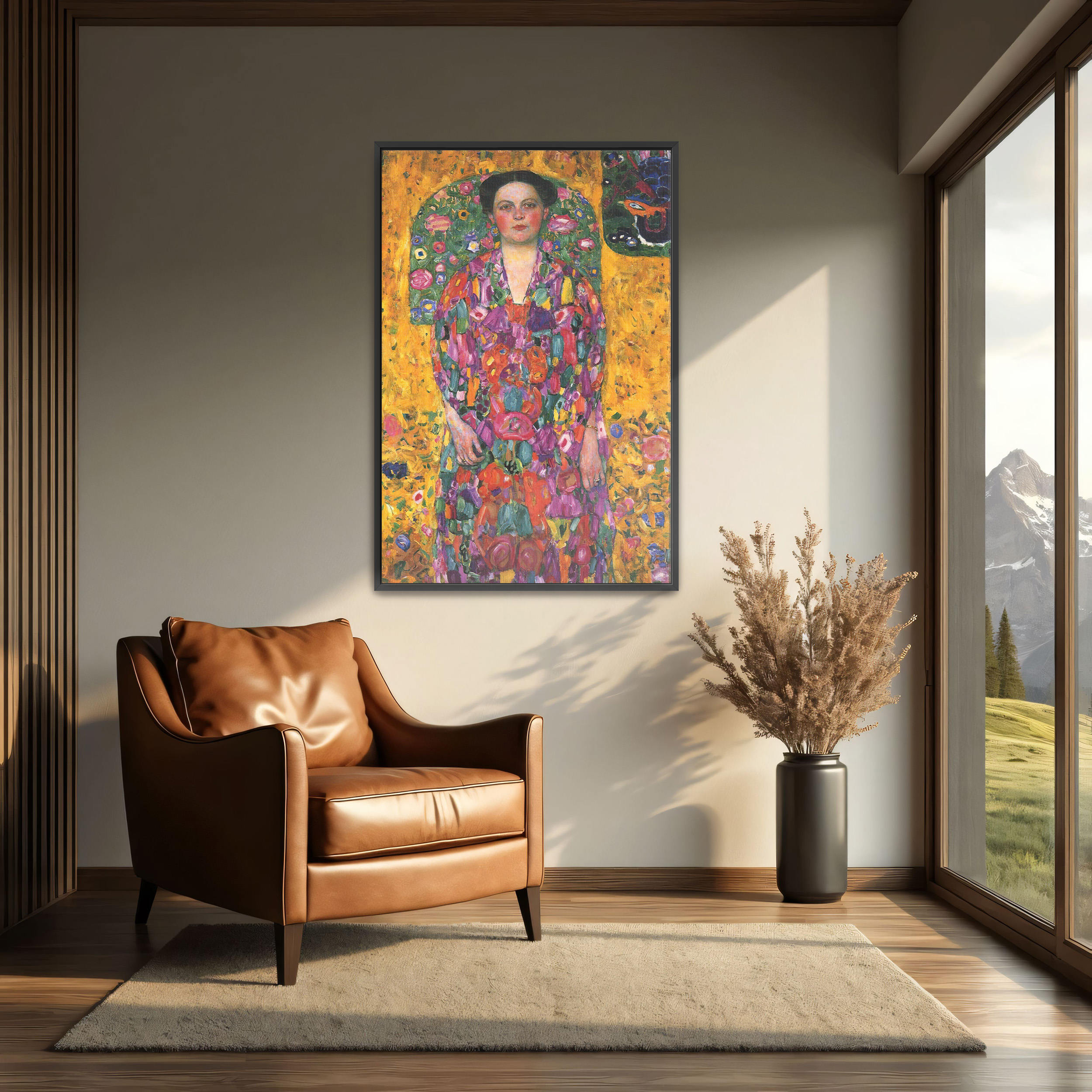Portrait of Eugenia Primavesi by Gustav Klimt as a print on a wall, room view 2