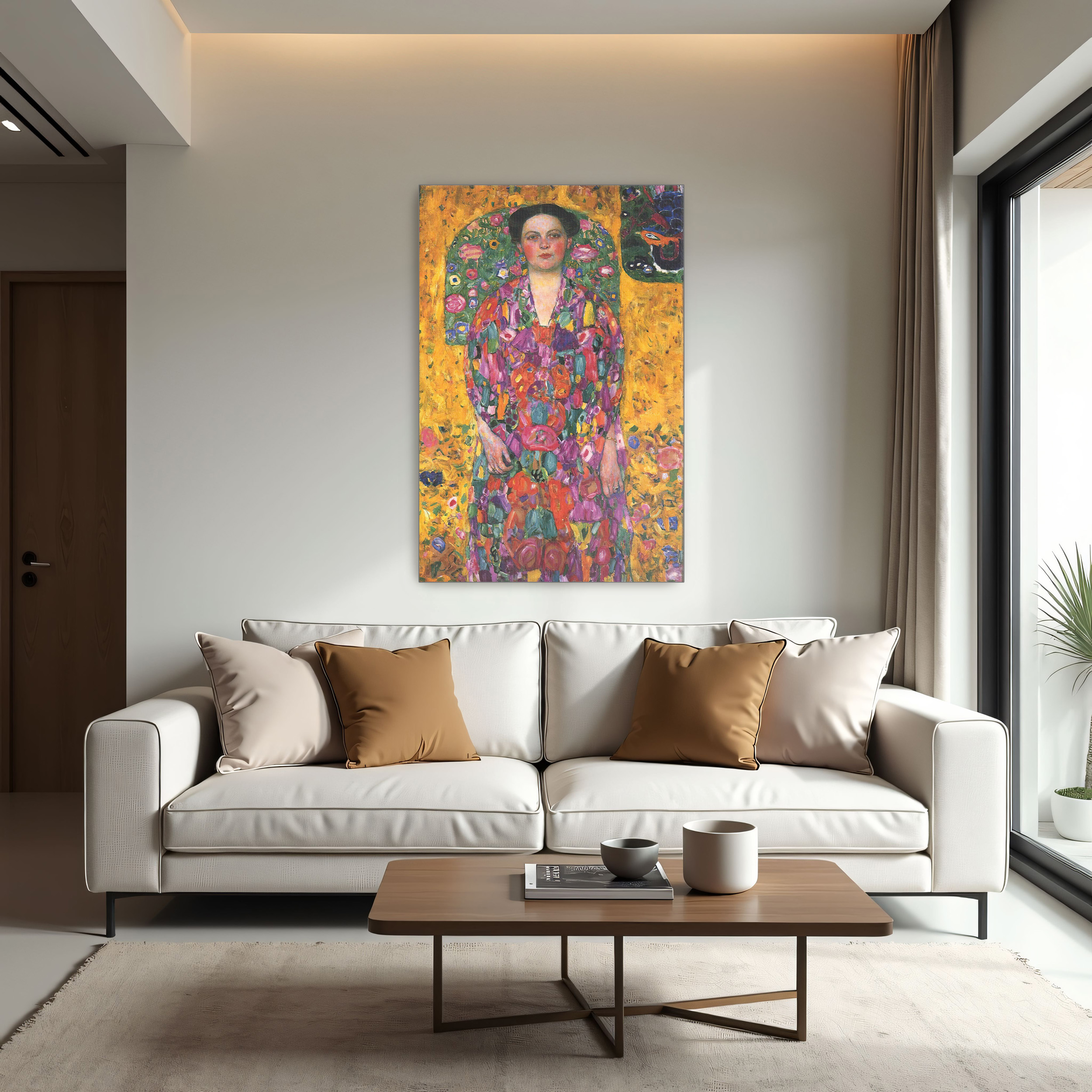 Portrait of Eugenia Primavesi by Gustav Klimt as a print on a wall, room view 1