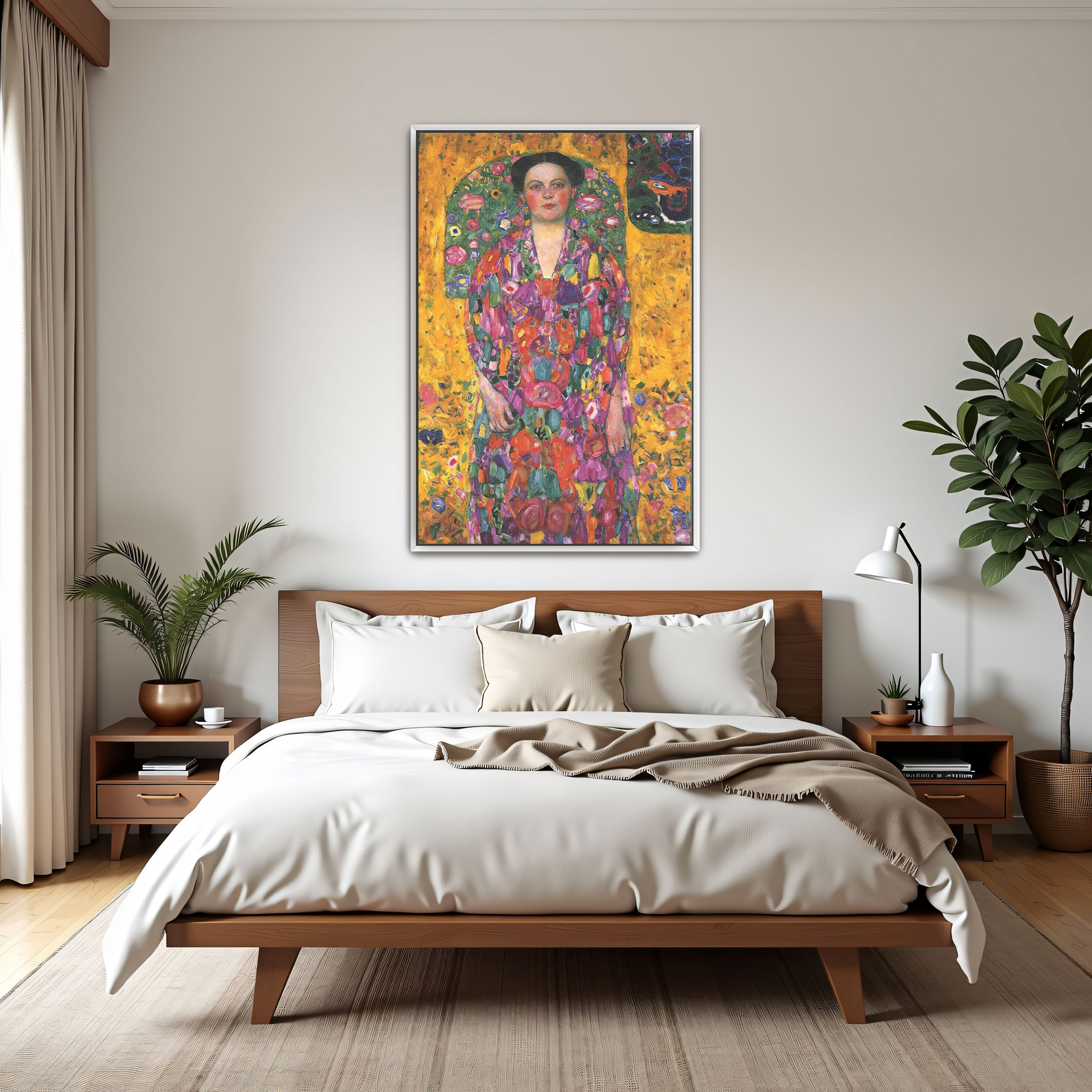 Portrait of Eugenia Primavesi by Gustav Klimt as a print on a wall, room view 3