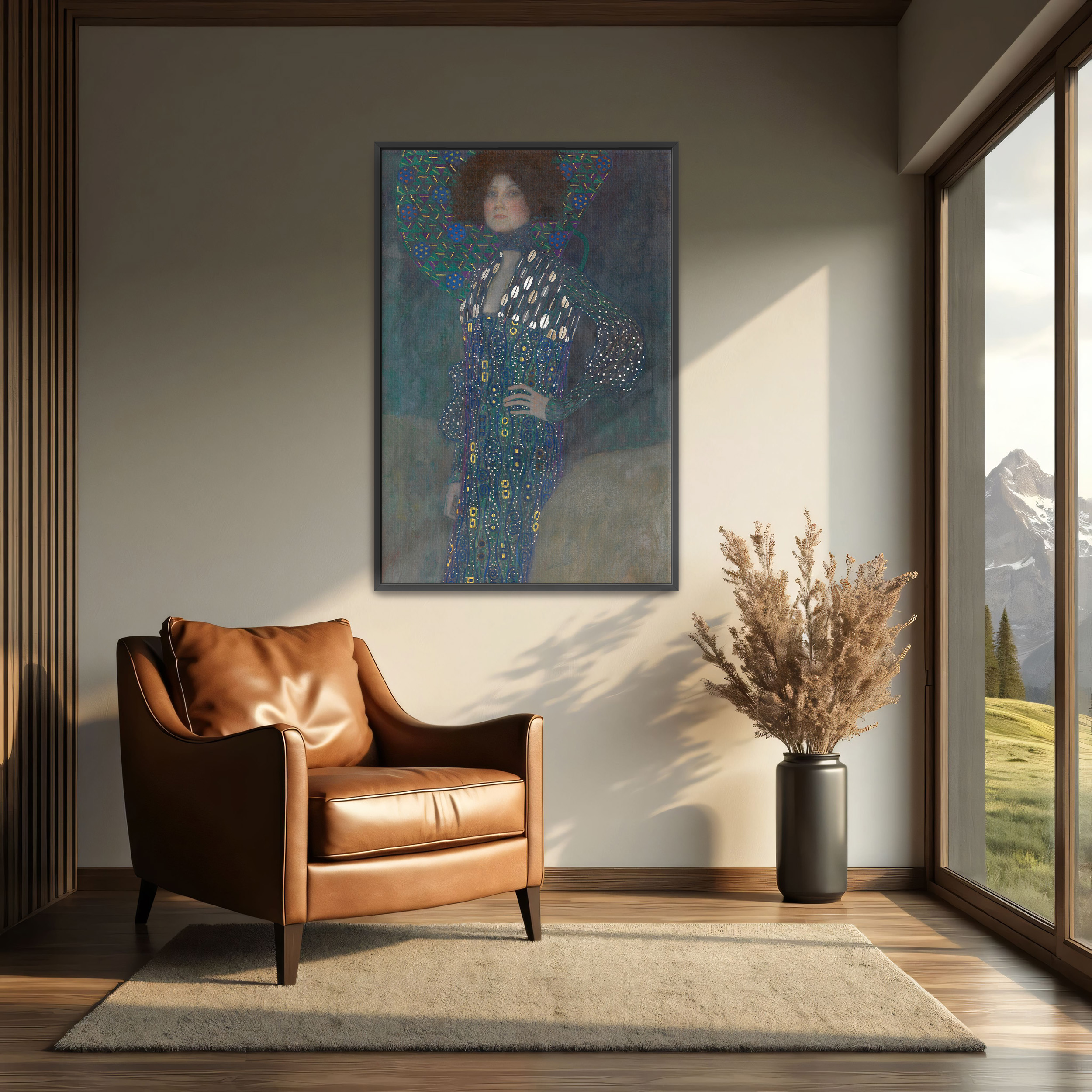 Portrait of Emilie Flöge by Gustav Klimt as a print on a wall, room view 2