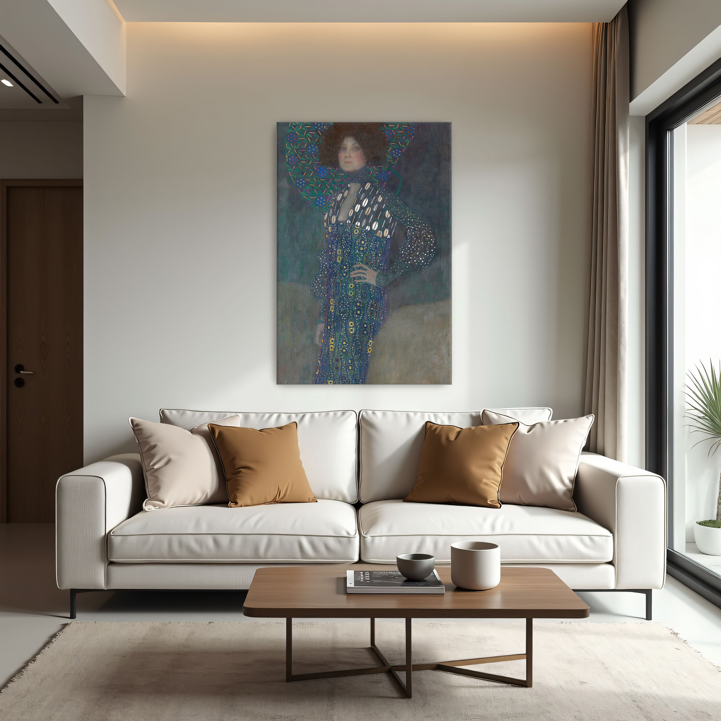 Portrait of Emilie Flöge by Gustav Klimt as a print on a wall, room view 1
