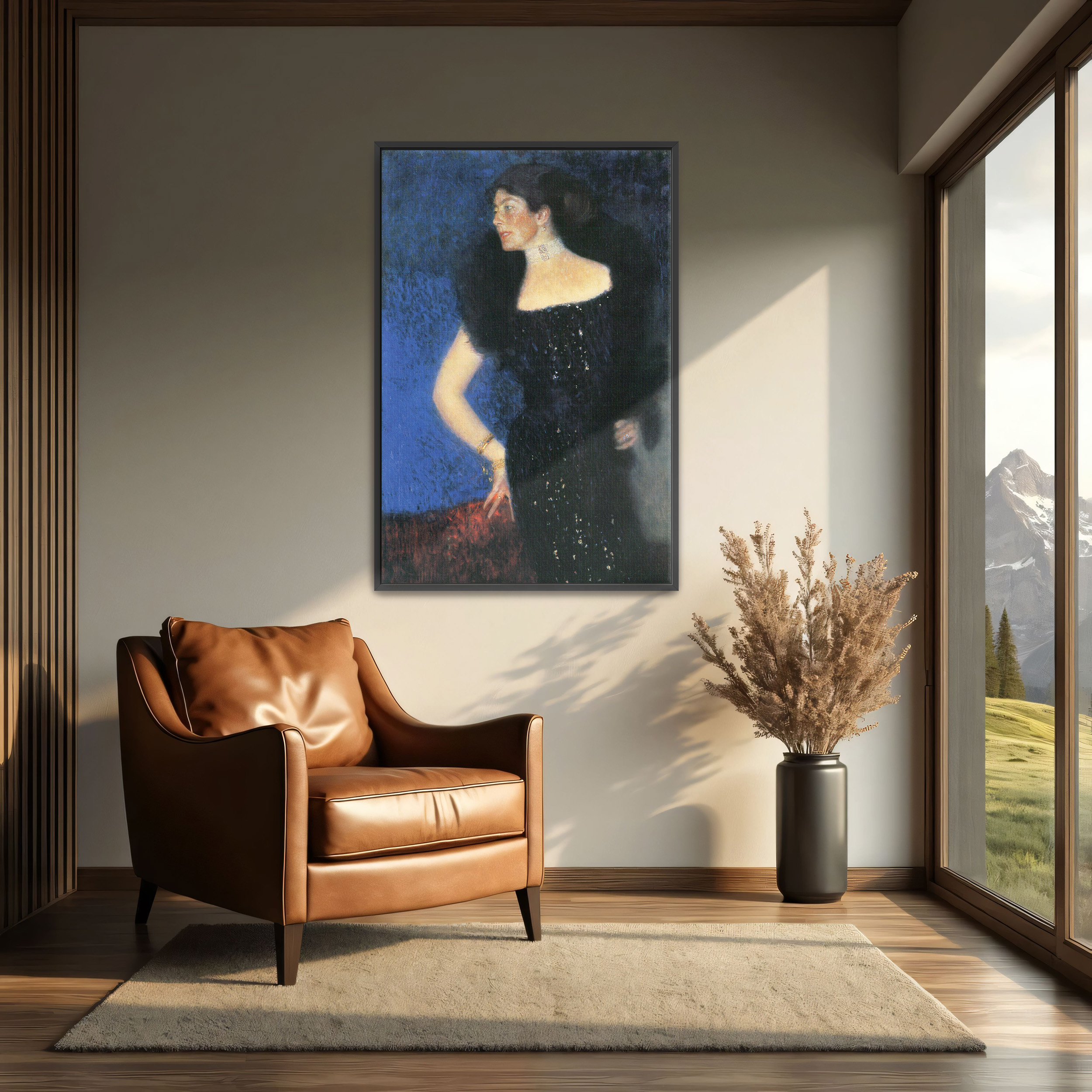 Portrait of Rose von Rosthorn-Friedmann by Gustav Klimt as a print on a wall, room view 2