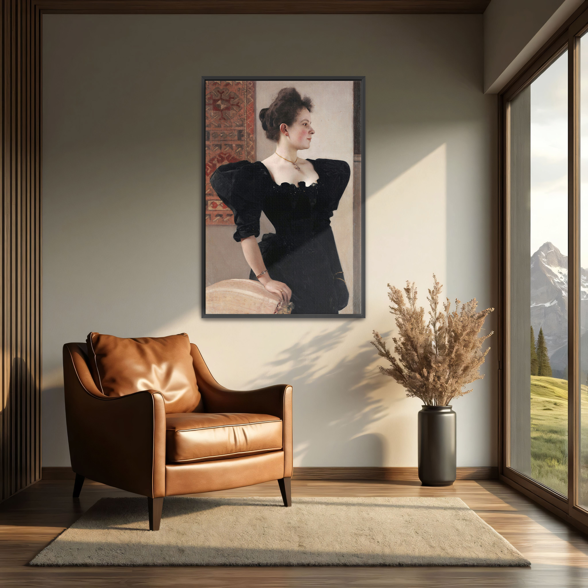 Portrait of Marie Breunig by Gustav Klimt as a print on a wall, room view 2
