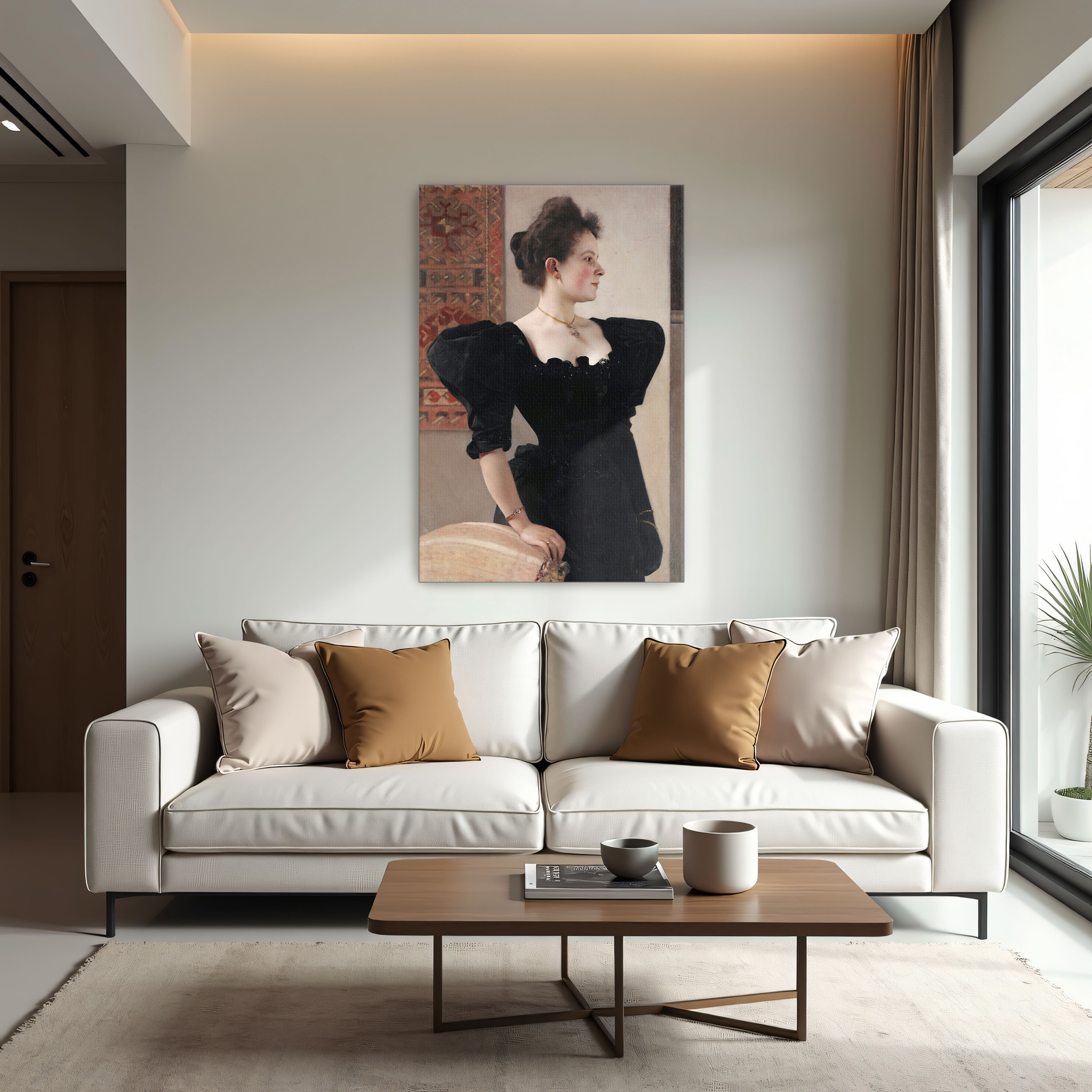 Portrait of Marie Breunig by Gustav Klimt as a print on a wall, room view 1