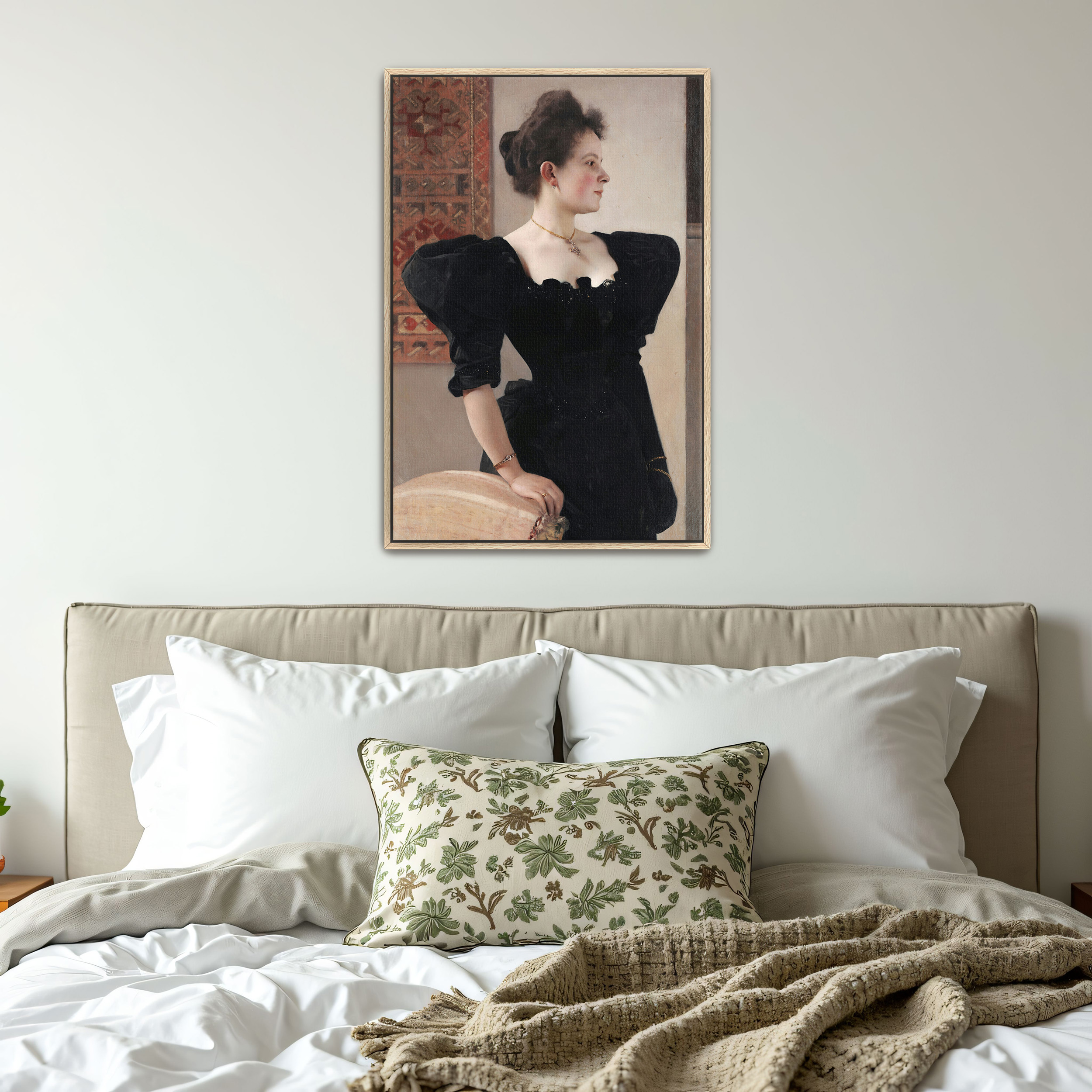 Portrait of Marie Breunig by Gustav Klimt as a print on a wall, room view 4