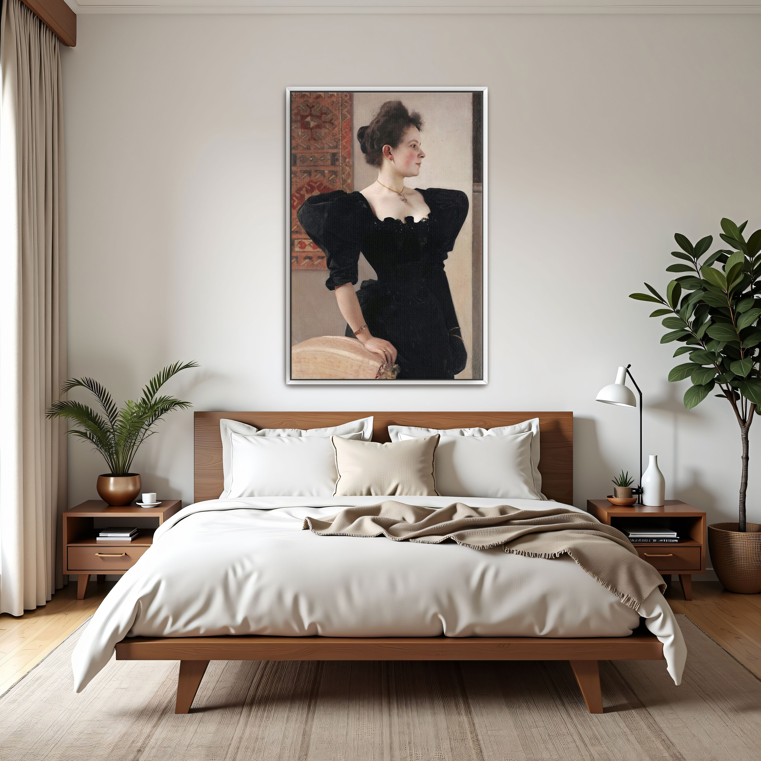 Portrait of Marie Breunig by Gustav Klimt as a print on a wall, room view 3