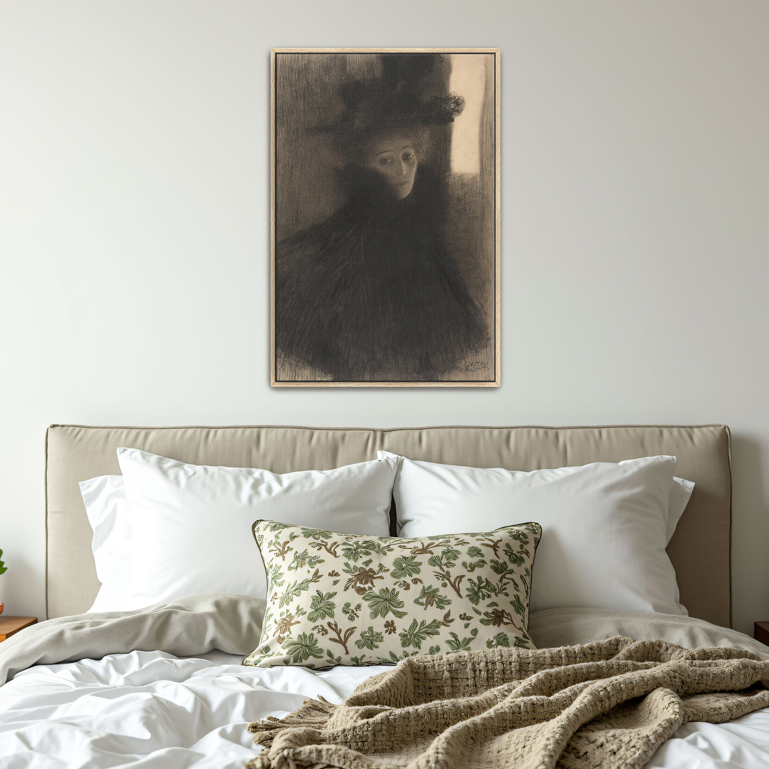 Portrait of a Lady with Cape and Hat by Gustav Klimt as a print on a wall, room view 4
