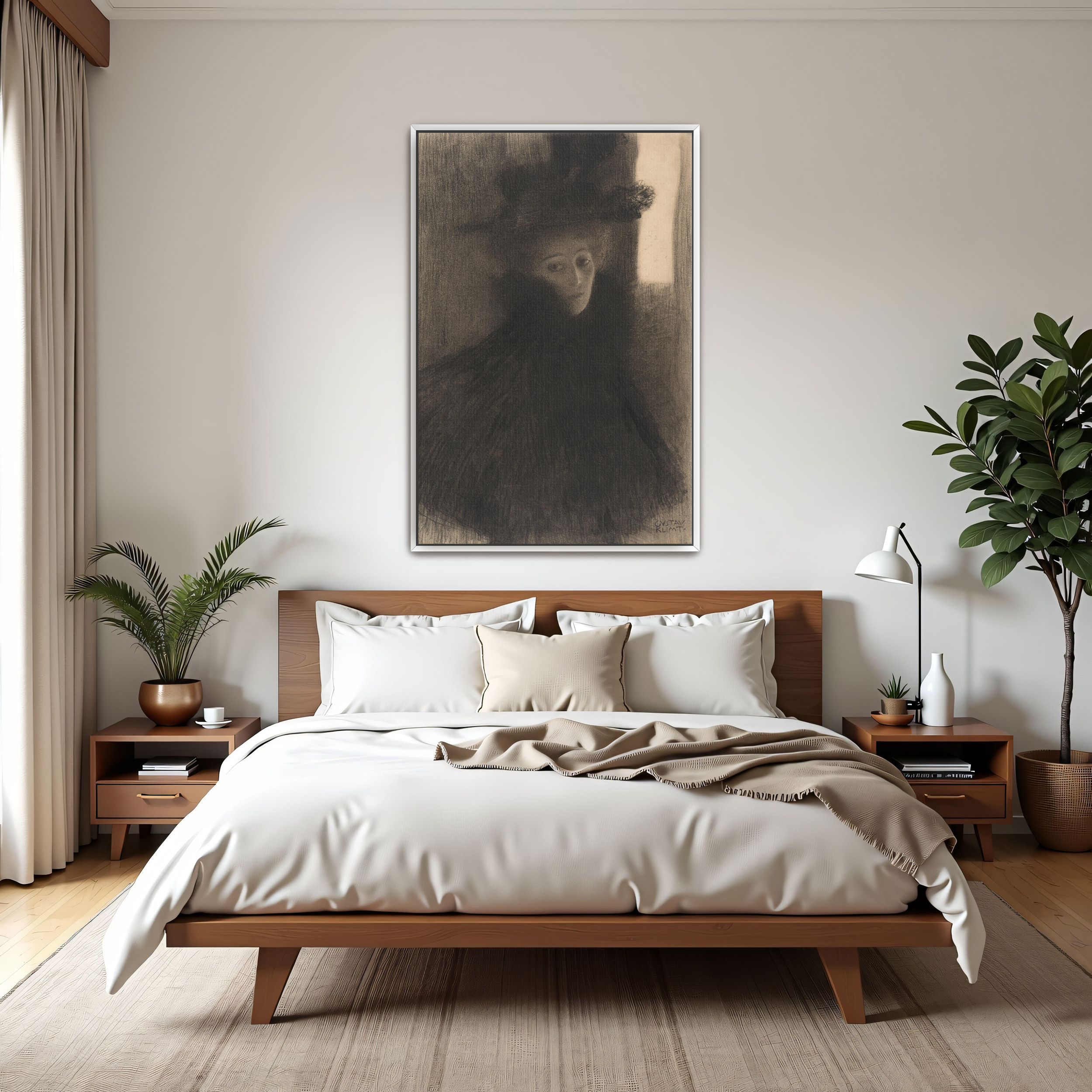 Portrait of a Lady with Cape and Hat by Gustav Klimt as a print on a wall, room view 3
