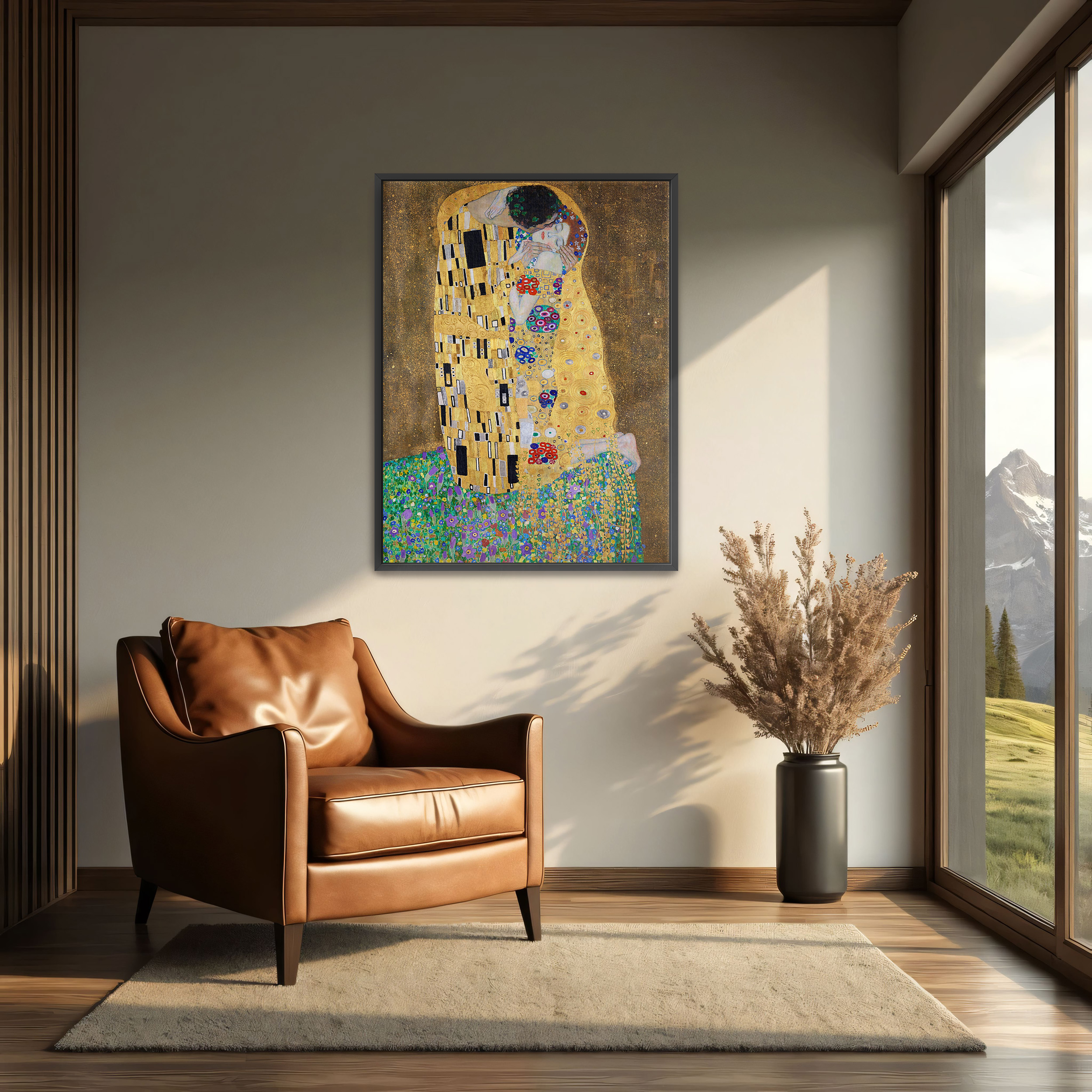 The Kiss by Gustav Klimt as a print on a wall, room view 2