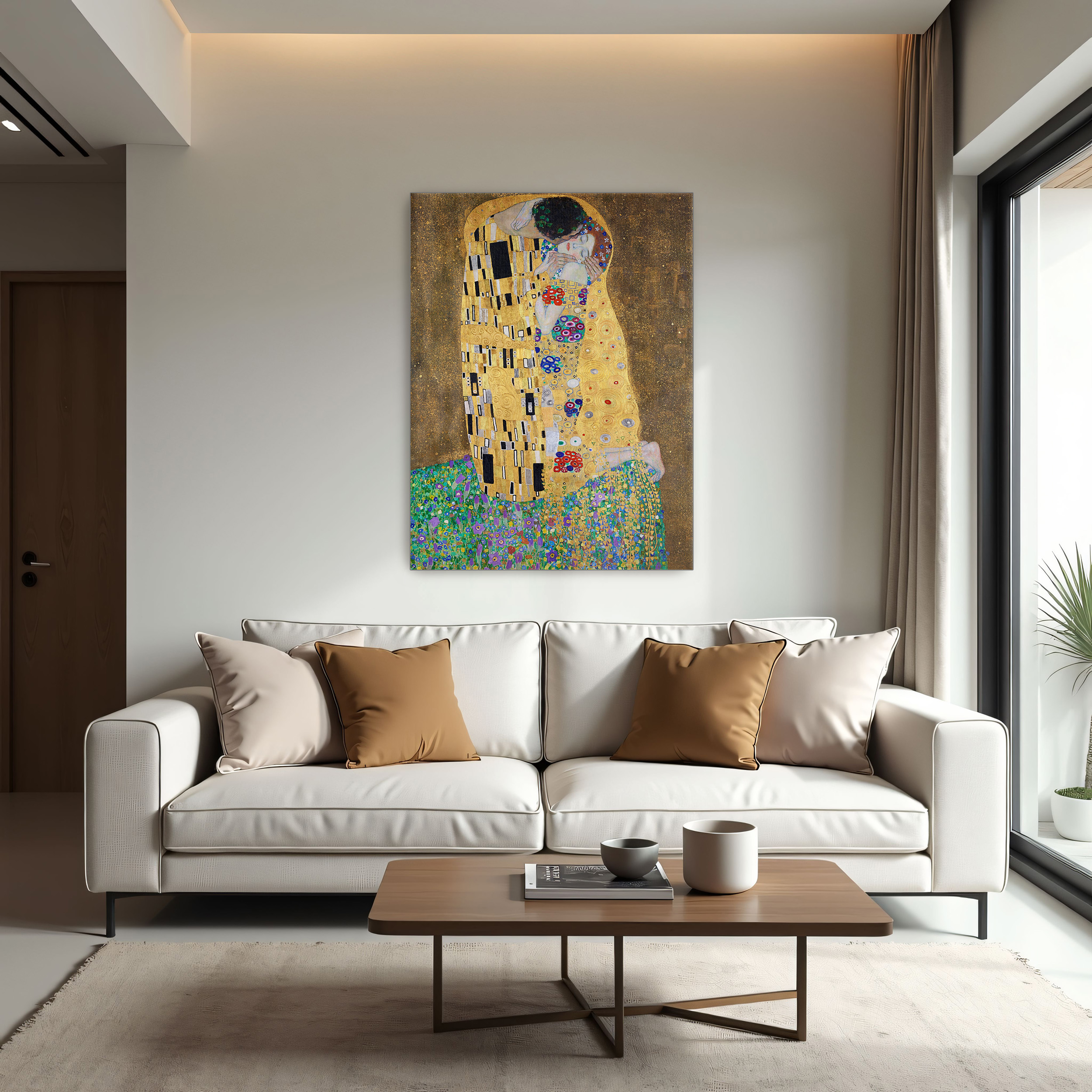 The Kiss by Gustav Klimt as a print on a wall, room view 1
