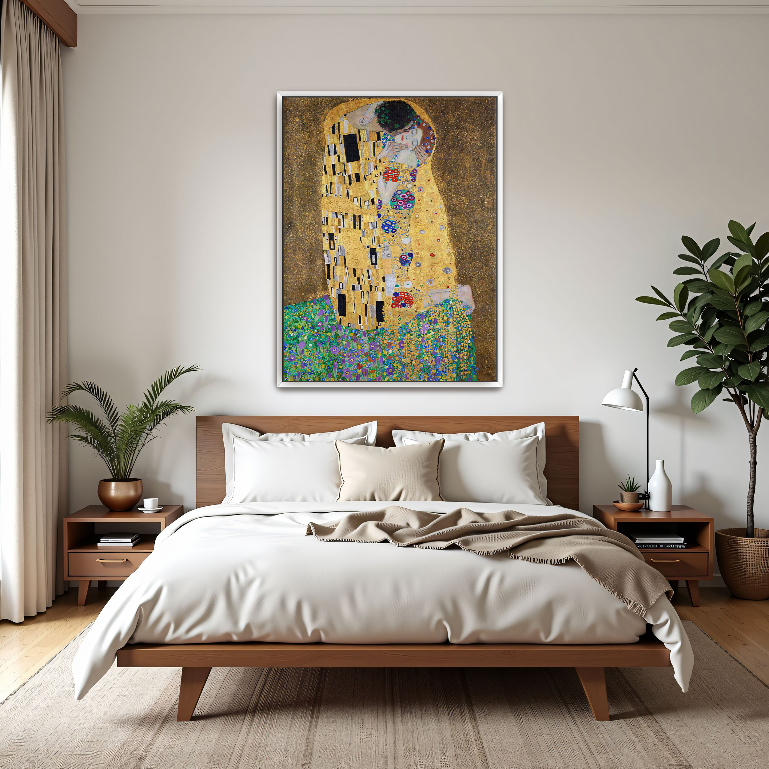 The Kiss by Gustav Klimt as a print on a wall, room view 3