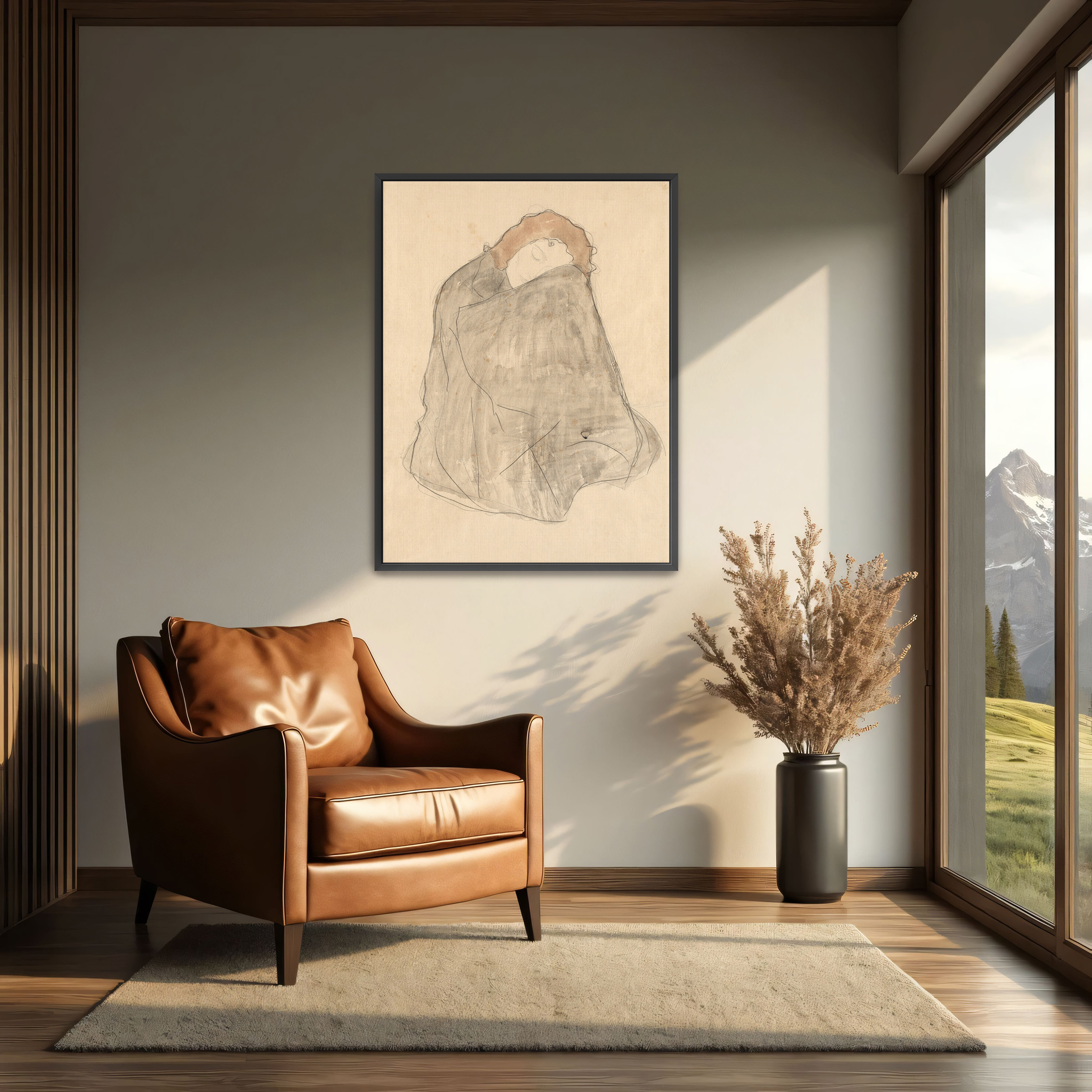Crouching Woman Wrapped in a Dark Cloak by Gustav Klimt as a print on a wall, room view 2