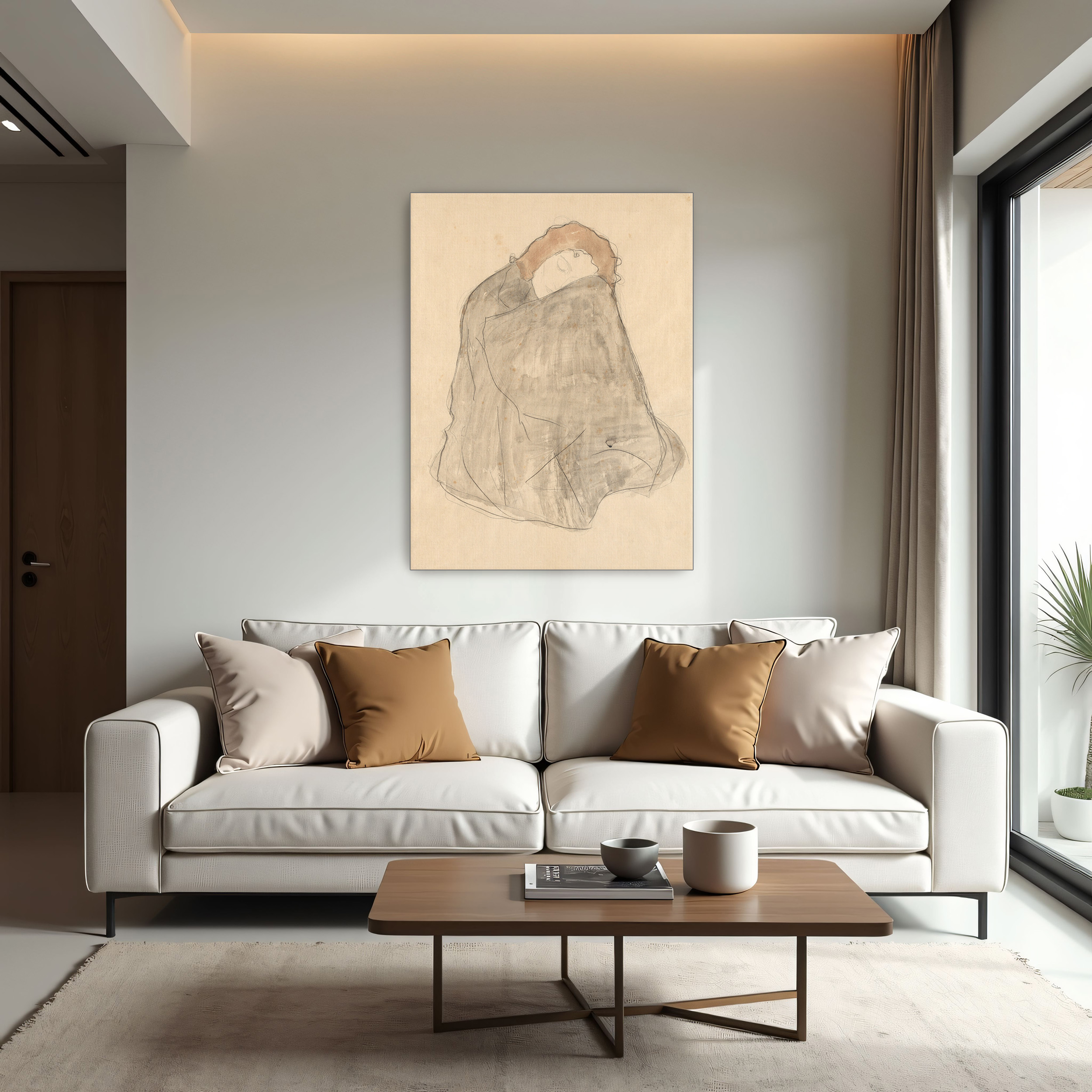 Crouching Woman Wrapped in a Dark Cloak by Gustav Klimt as a print on a wall, room view 1