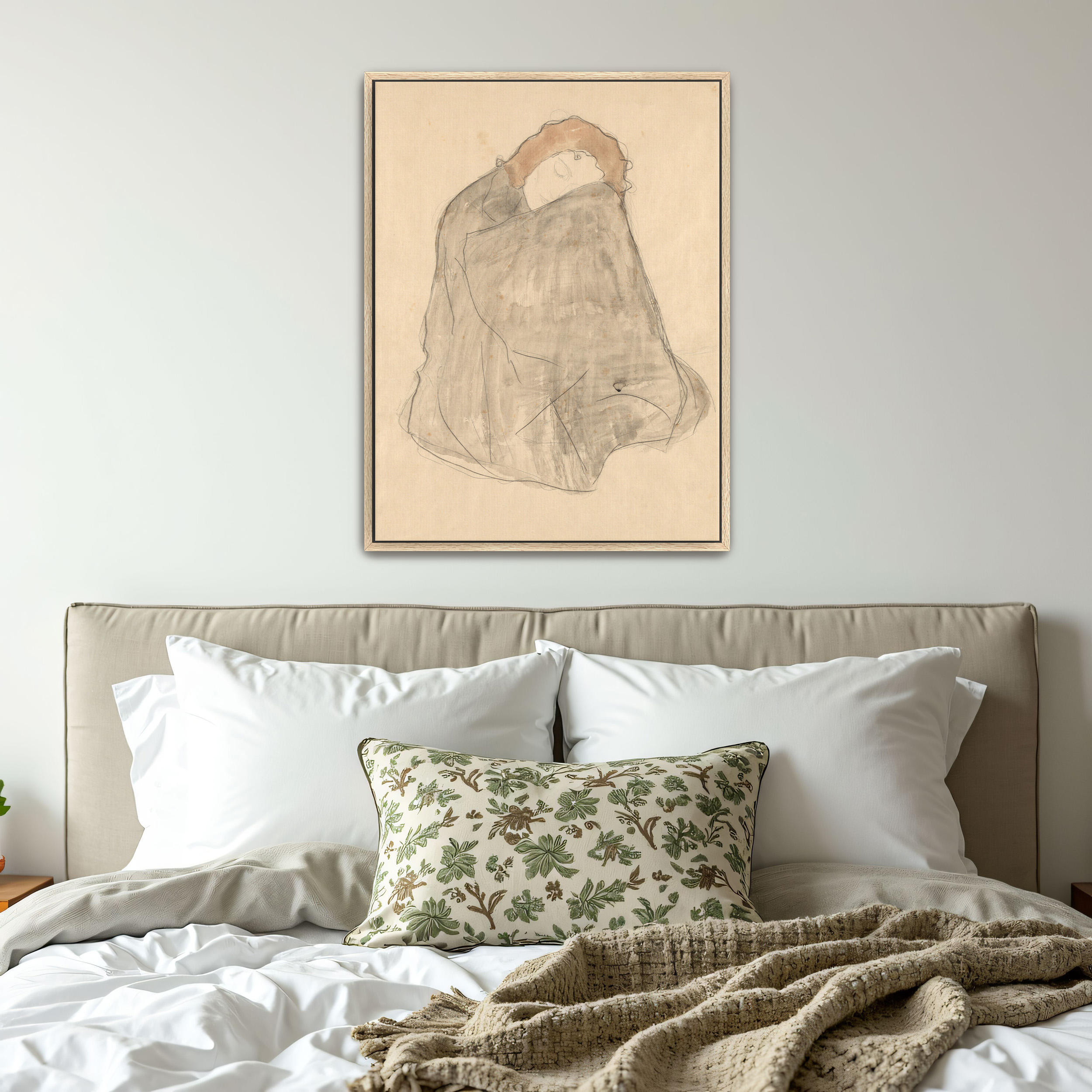 Crouching Woman Wrapped in a Dark Cloak by Gustav Klimt as a print on a wall, room view 4