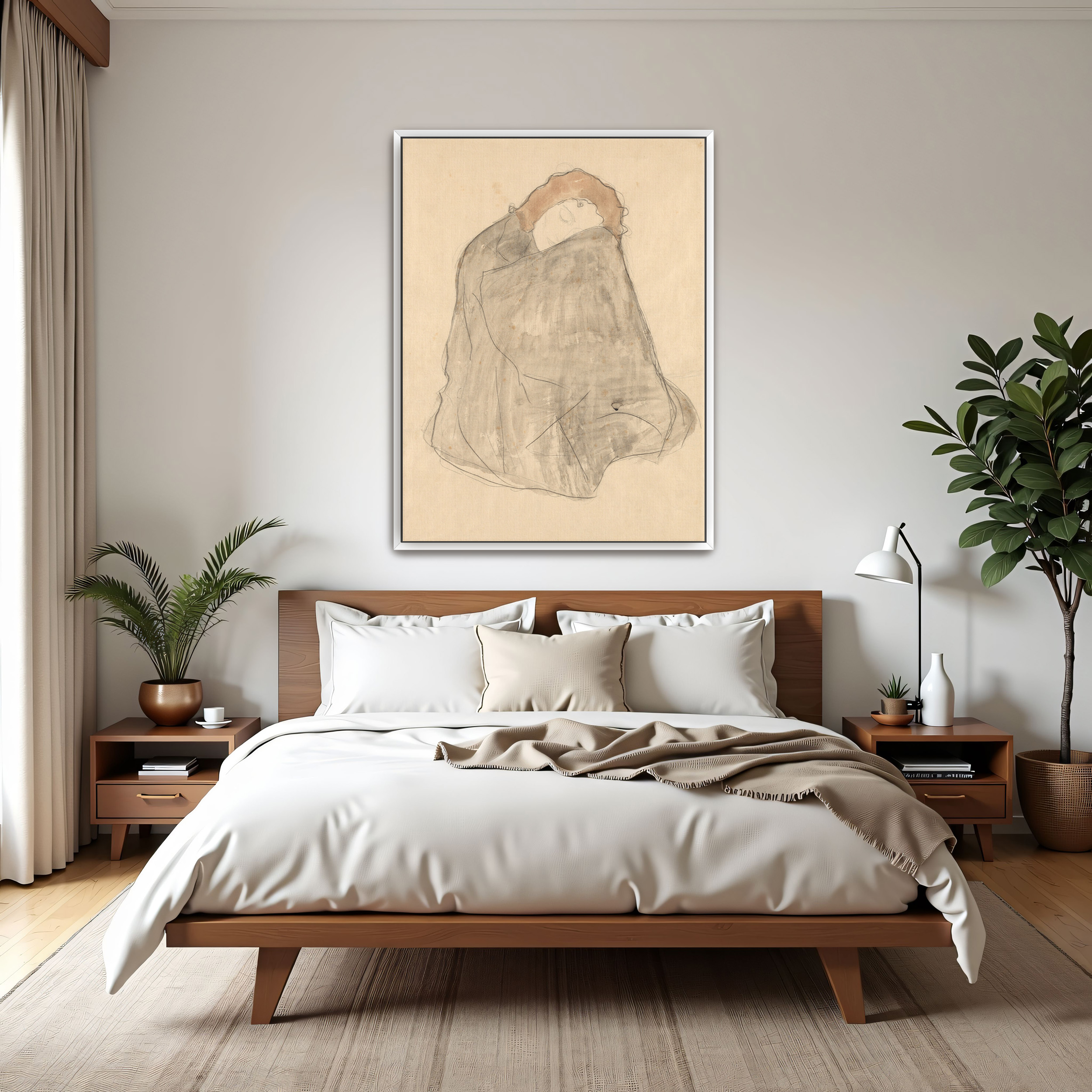 Crouching Woman Wrapped in a Dark Cloak by Gustav Klimt as a print on a wall, room view 3