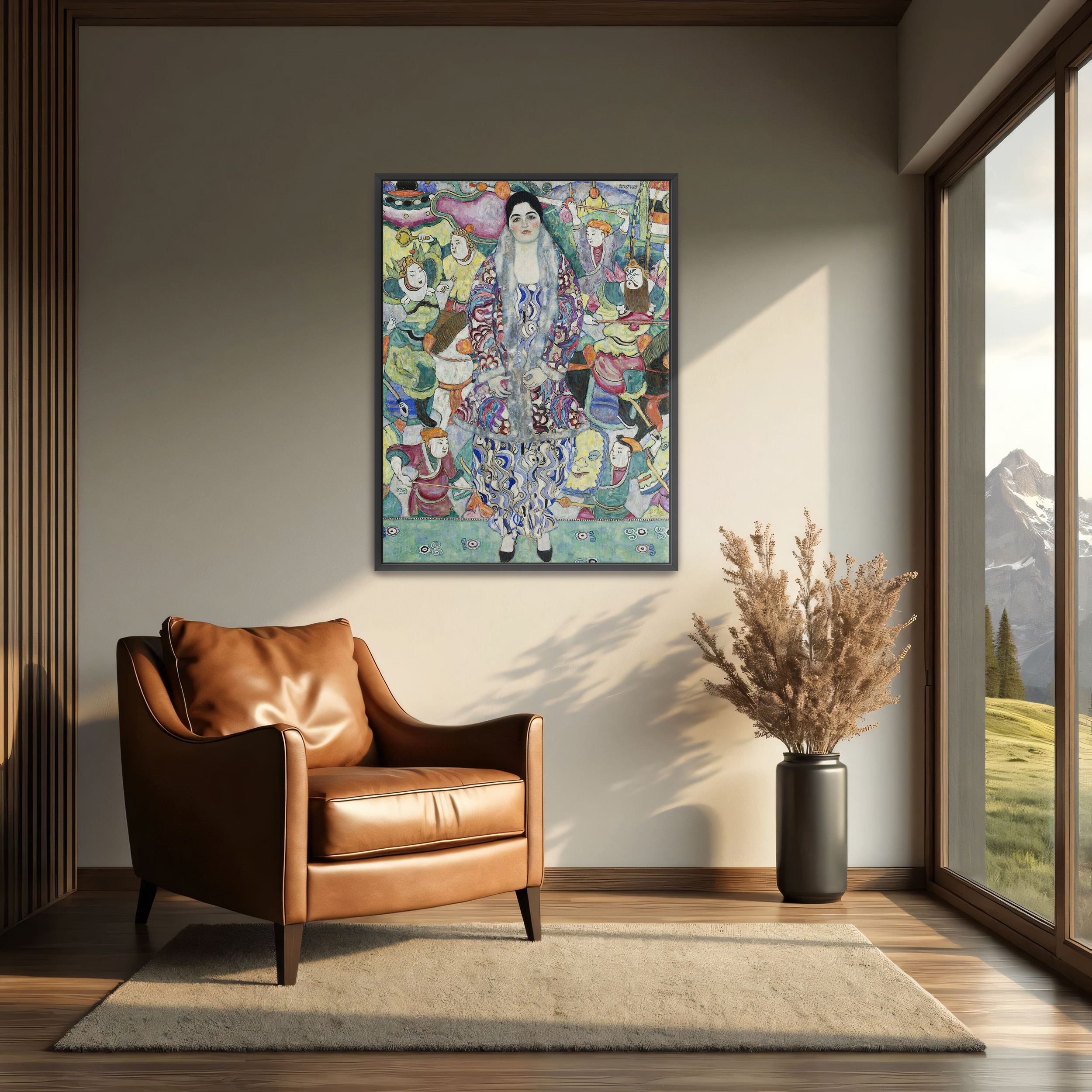 Portrait of Friederike Maria Beer by Gustav Klimt as a print on a wall, room view 2