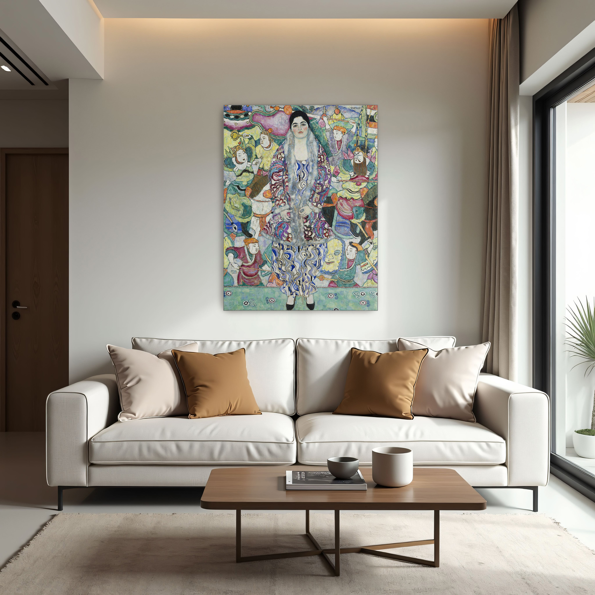 Portrait of Friederike Maria Beer by Gustav Klimt as a print on a wall, room view 1