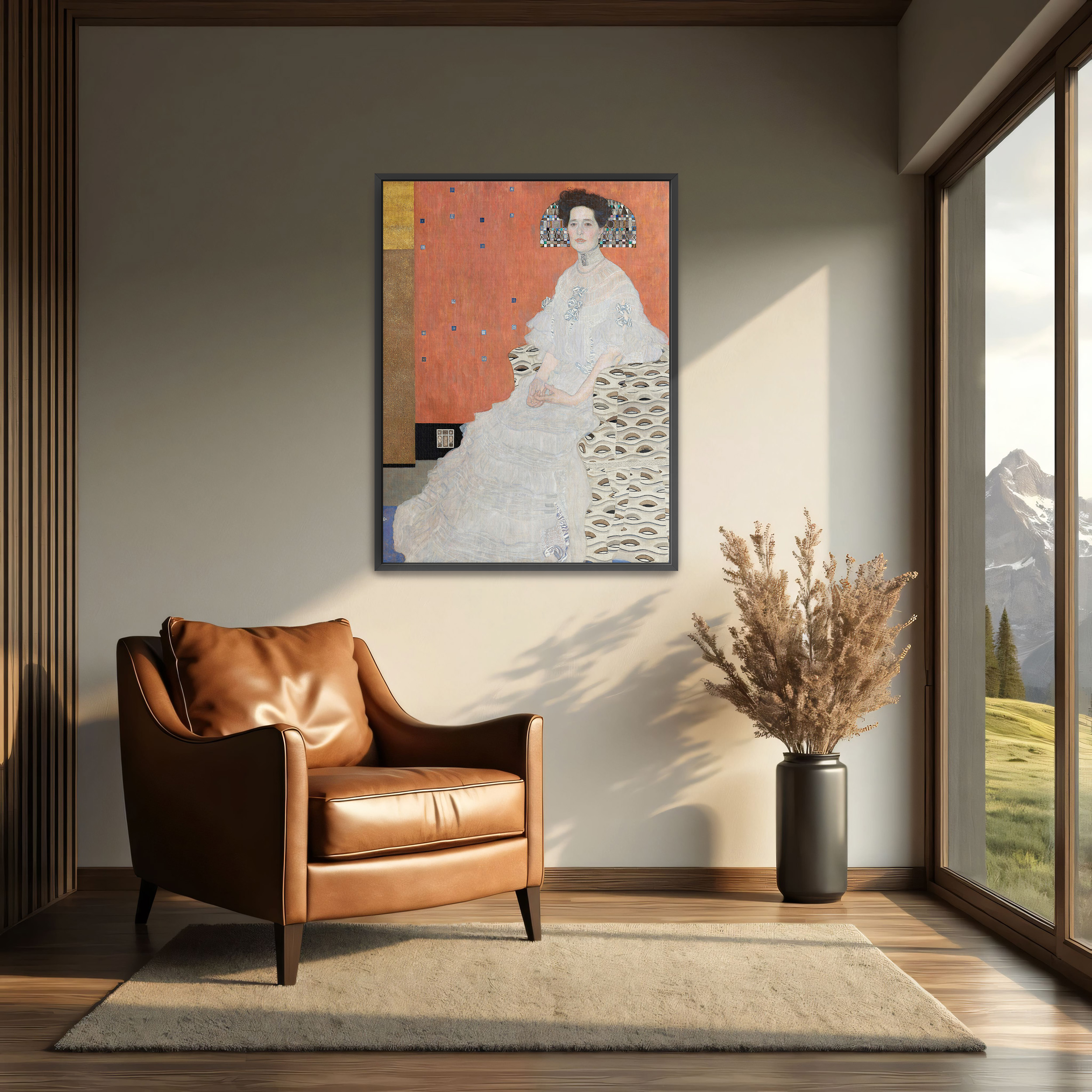 Portrait of Fritza Riedler by Gustav Klimt as a print on a wall, room view 2