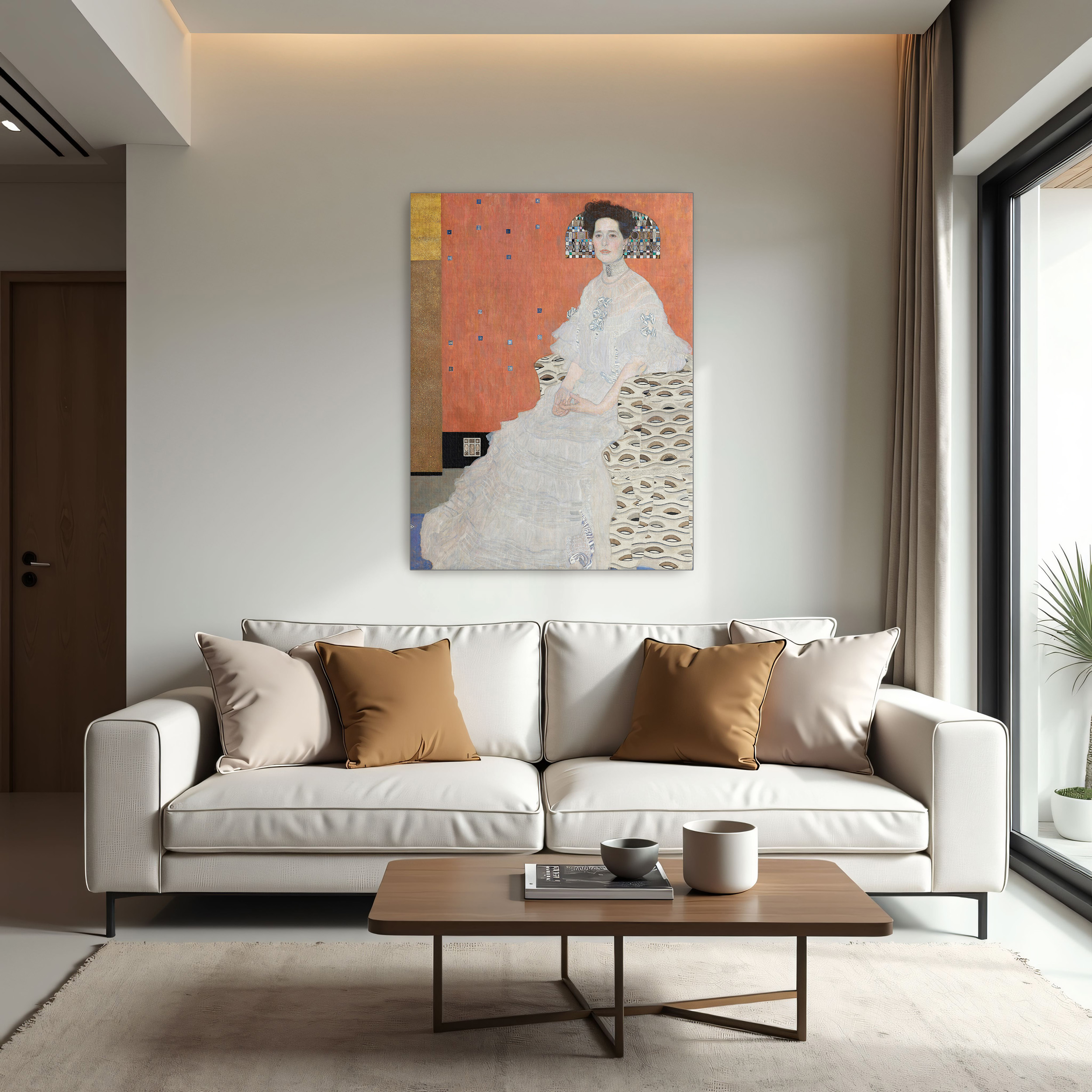 Portrait of Fritza Riedler by Gustav Klimt as a print on a wall, room view 1