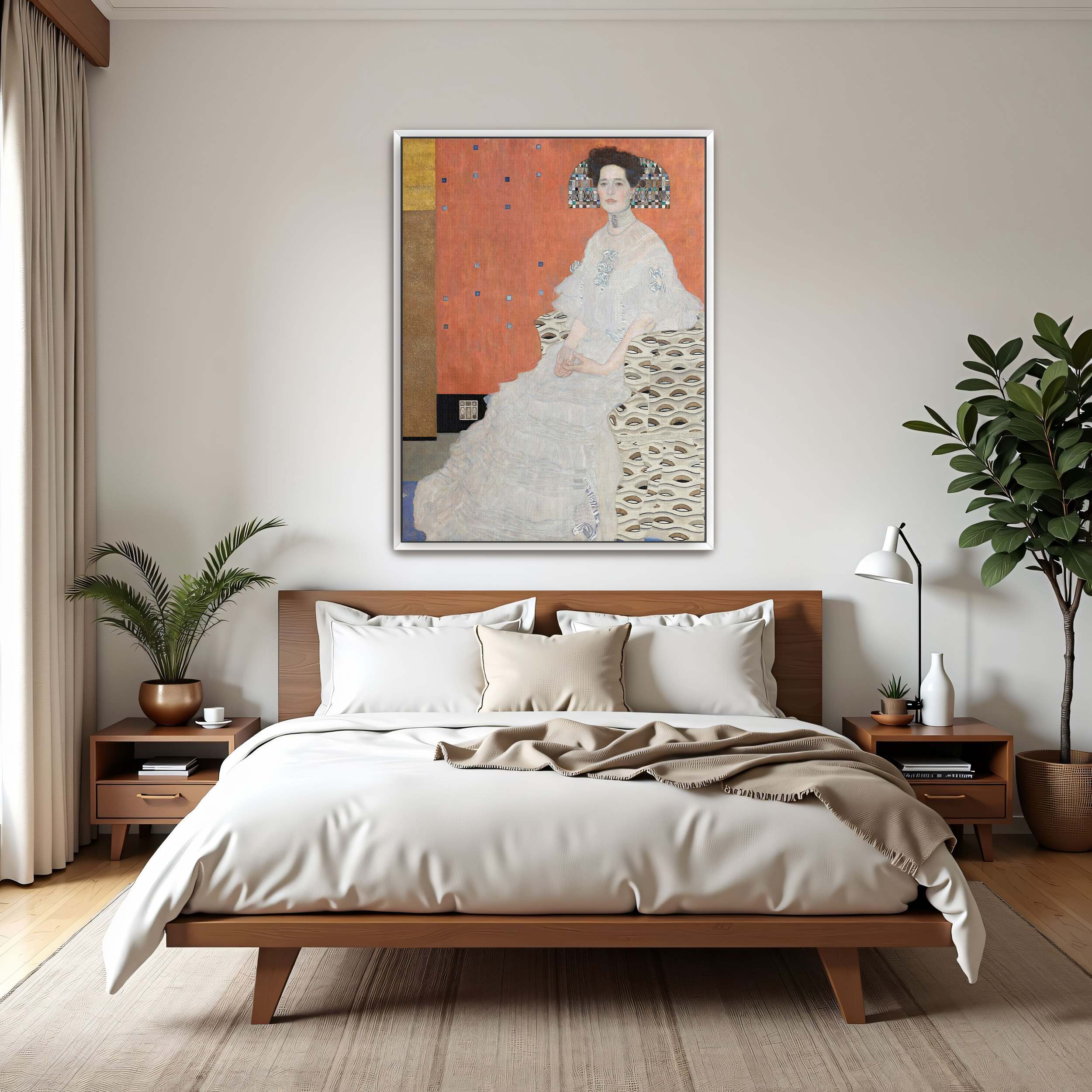 Portrait of Fritza Riedler by Gustav Klimt as a print on a wall, room view 3