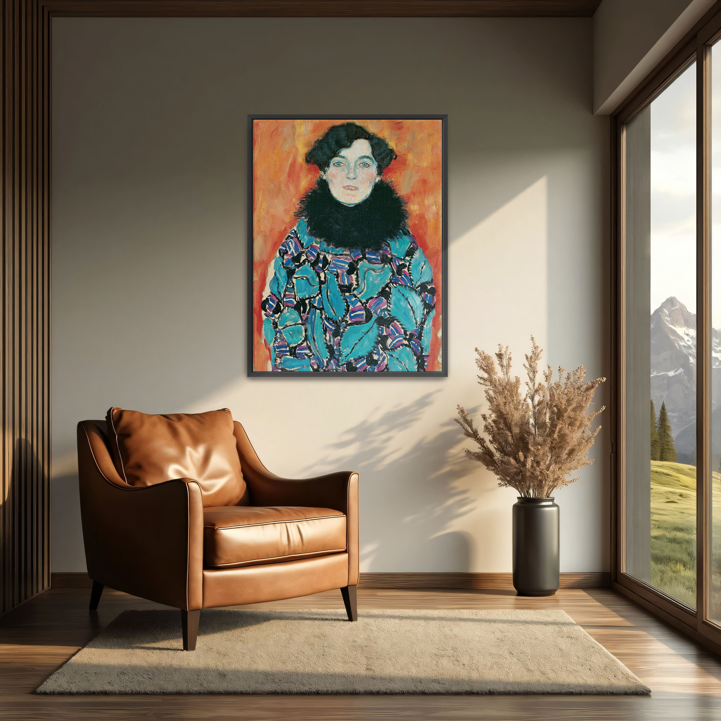 Portrait of Johanna Staude by Gustav Klimt as a print on a wall, room view 2