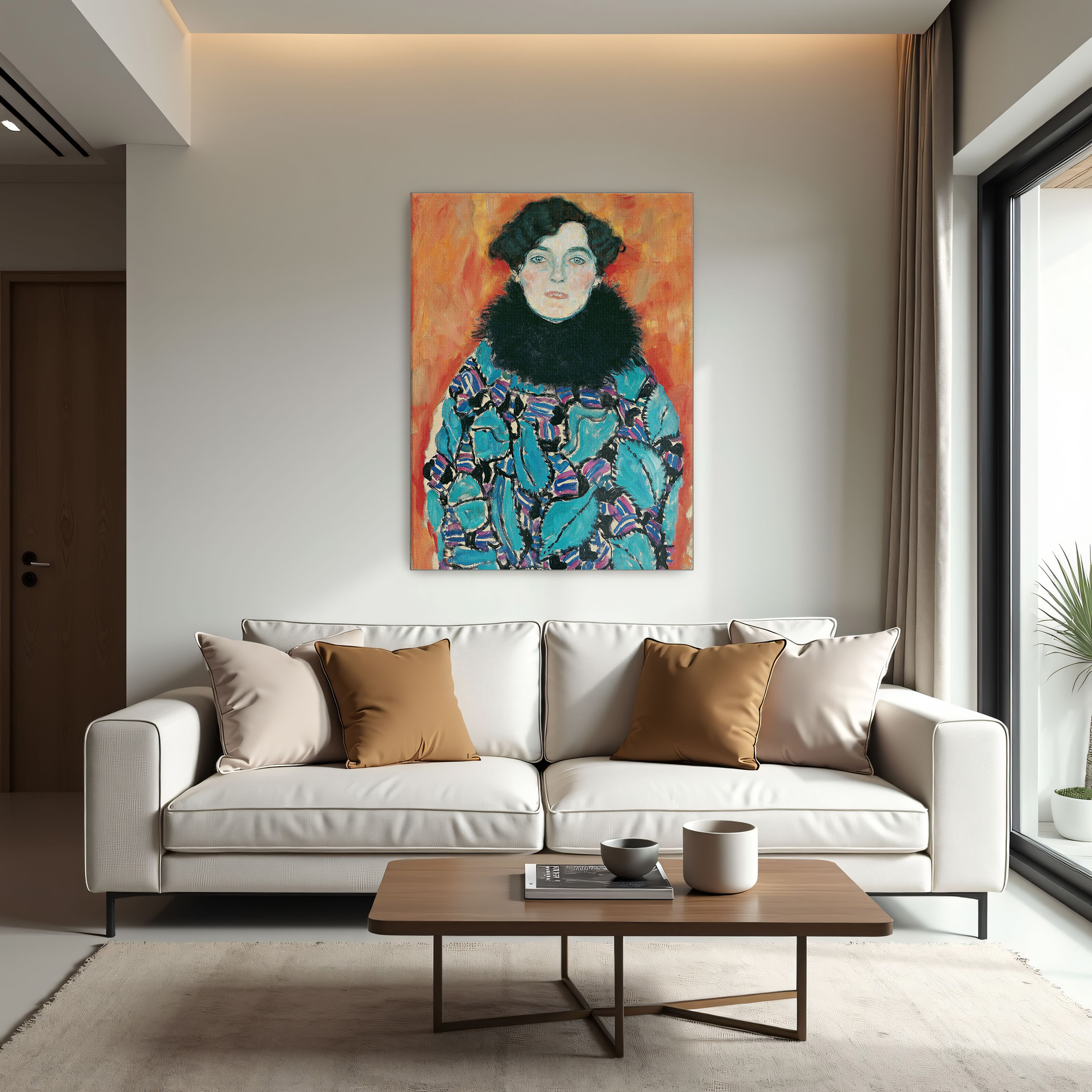 Portrait of Johanna Staude by Gustav Klimt as a print on a wall, room view 1