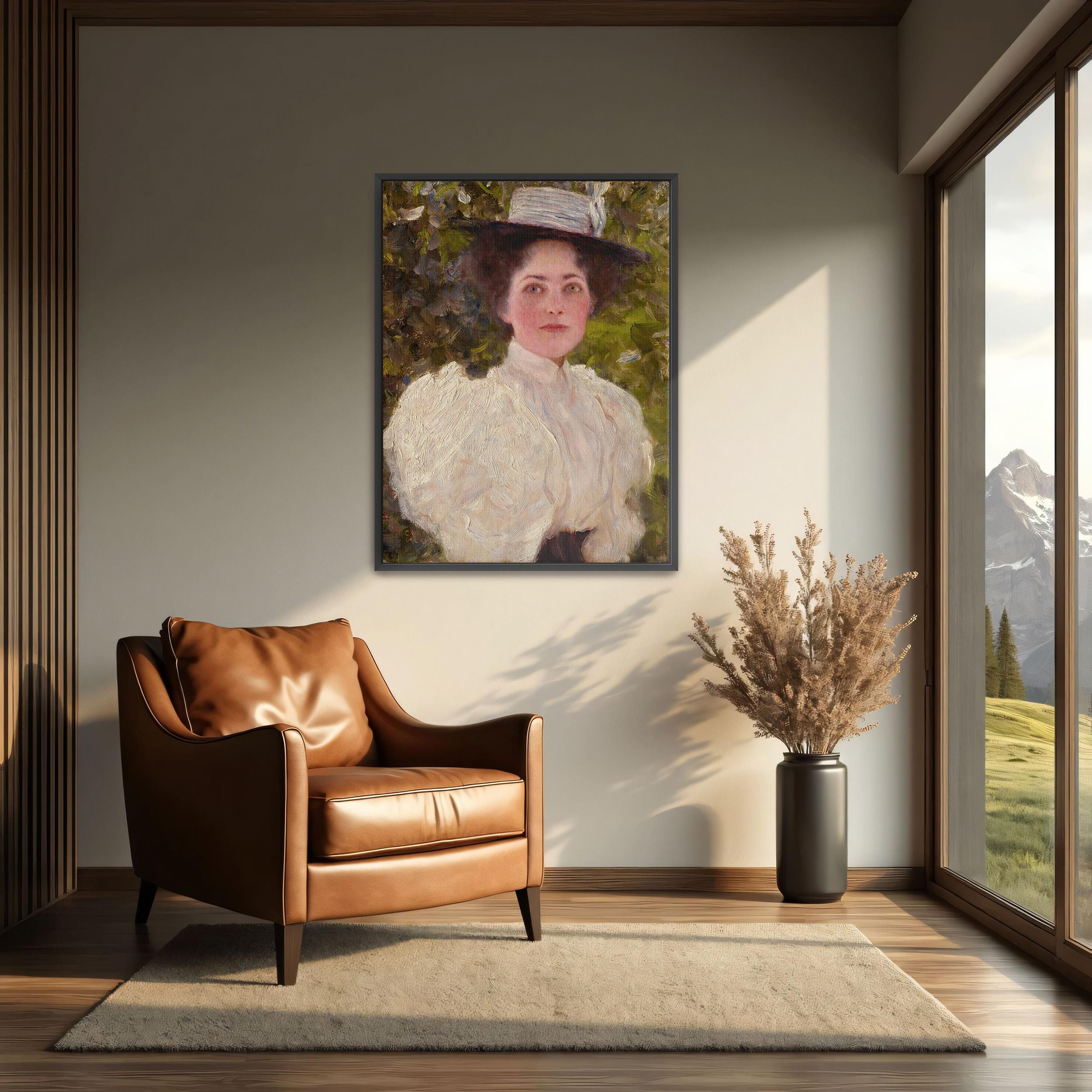 Girl in the Foliage by Gustav Klimt as a print on a wall, room view 2