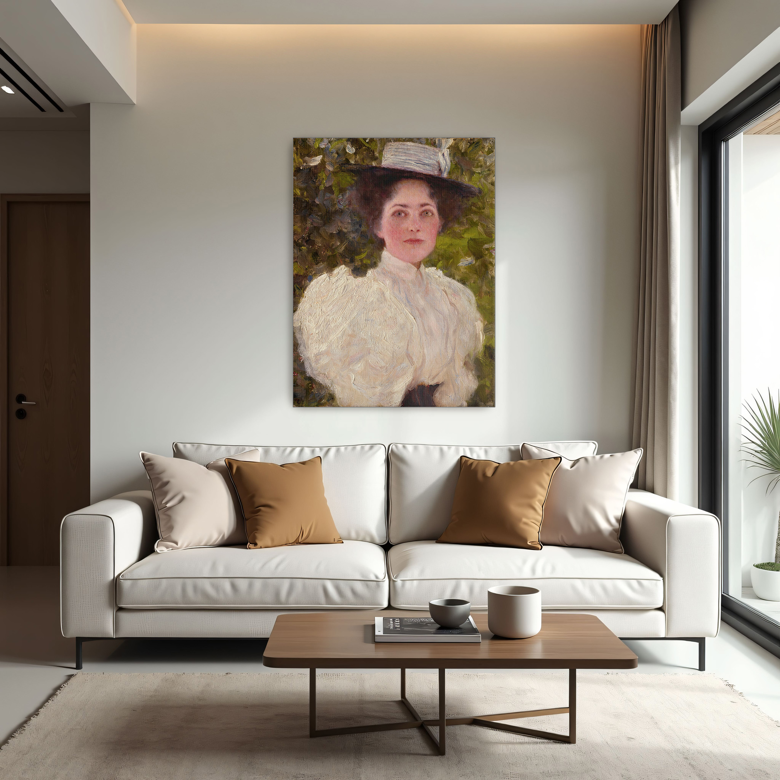 Girl in the Foliage by Gustav Klimt as a print on a wall, room view 1