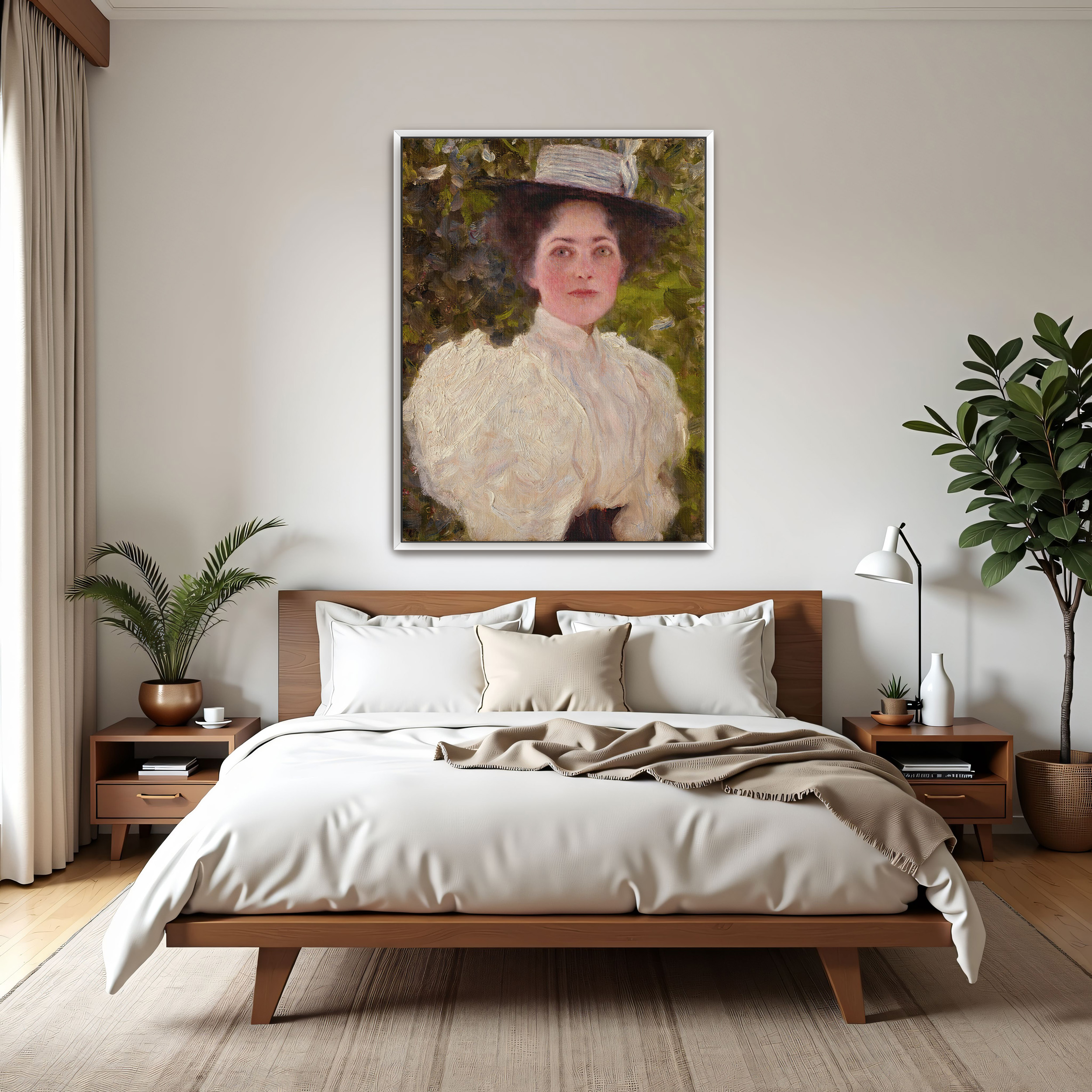Girl in the Foliage by Gustav Klimt as a print on a wall, room view 3