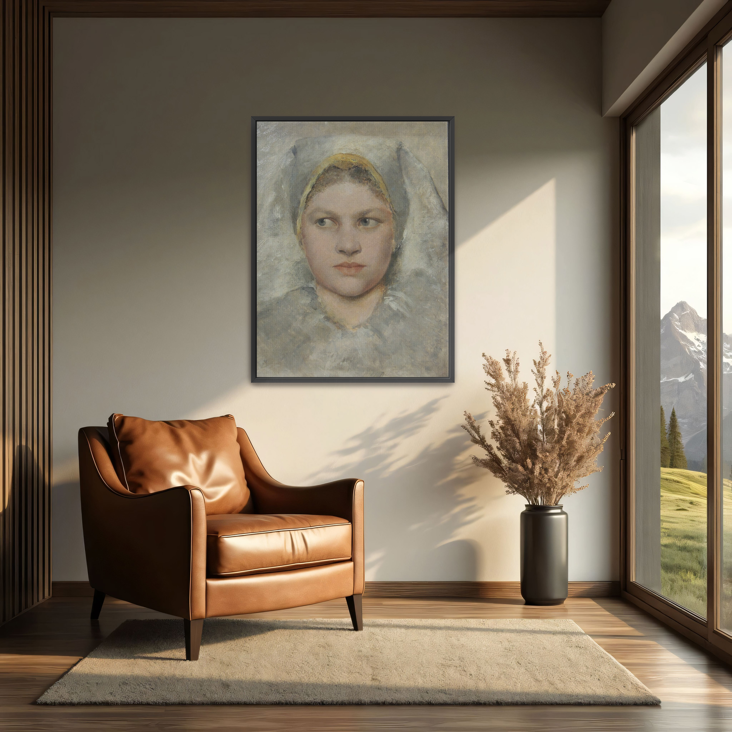 Head Study of a Girl from Haná by Gustav Klimt as a print on a wall, room view 2