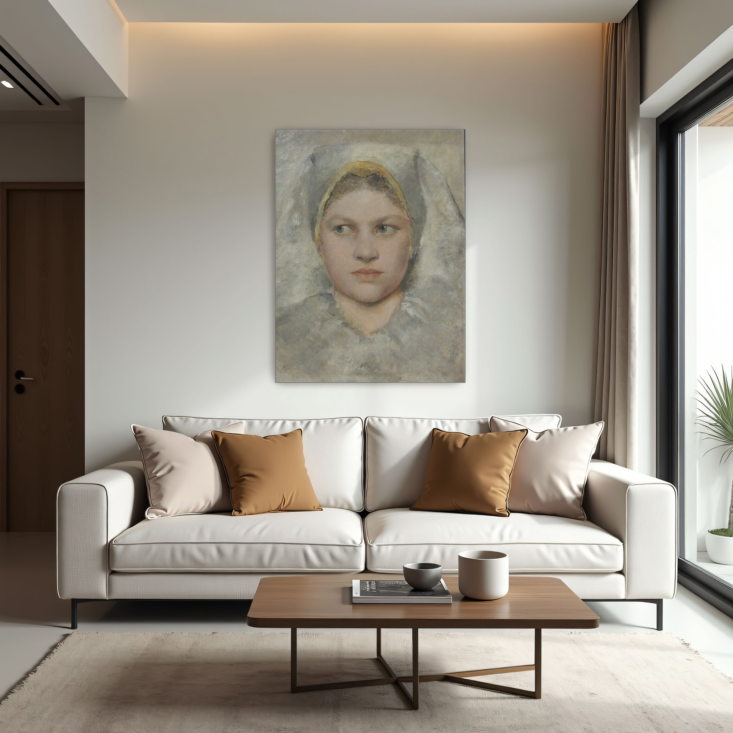 Head Study of a Girl from Haná by Gustav Klimt as a print on a wall, room view 1