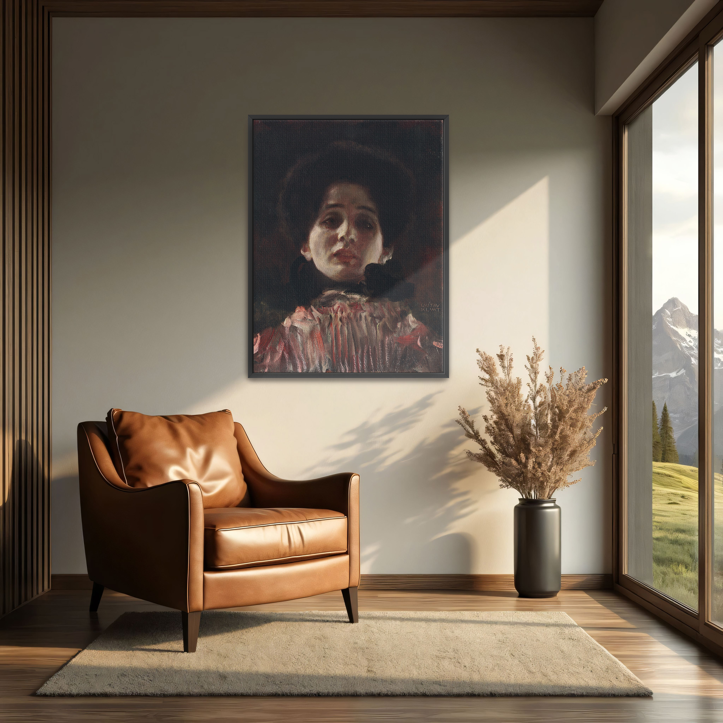 Lady en Face by Gustav Klimt as a print on a wall, room view 2