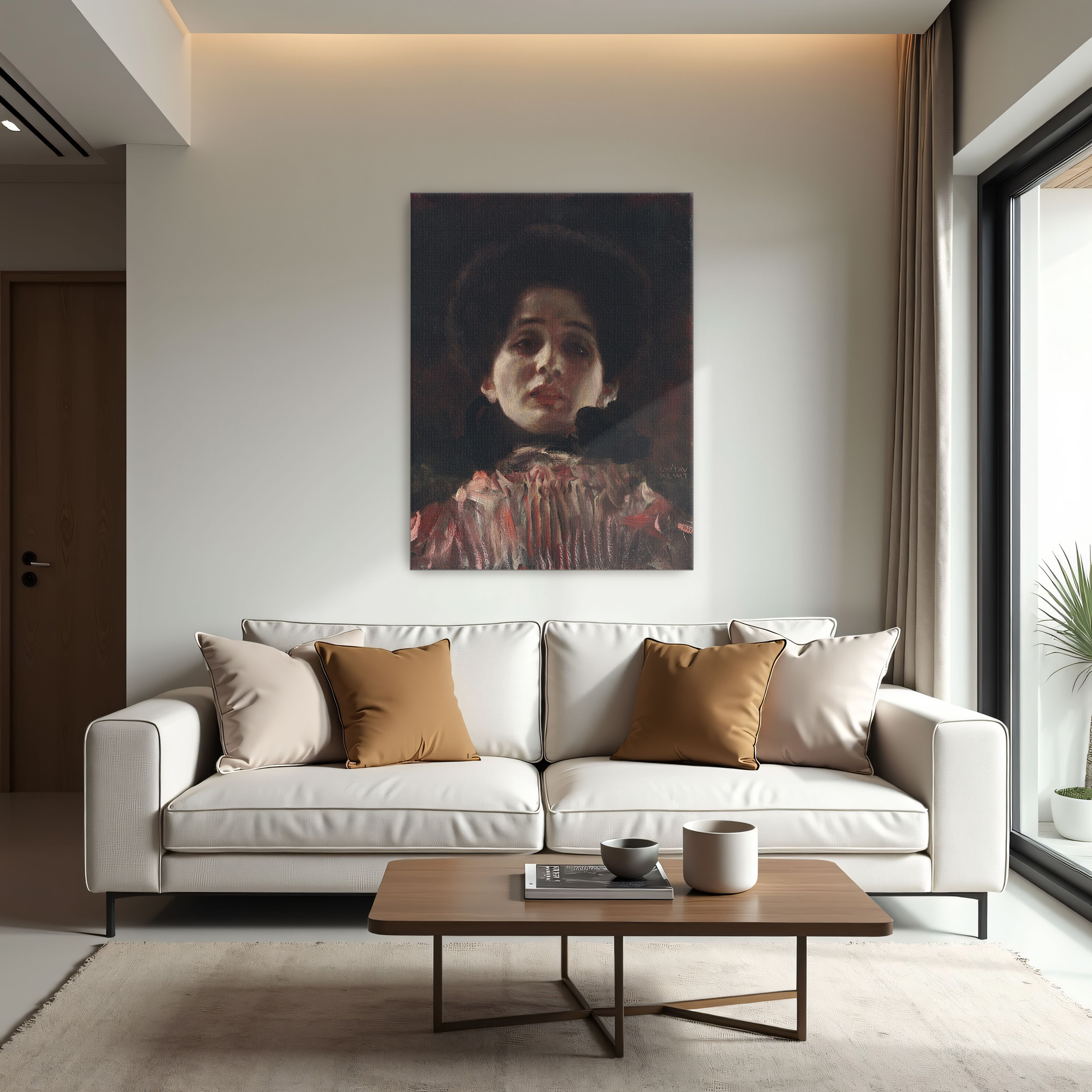 Lady en Face by Gustav Klimt as a print on a wall, room view 1