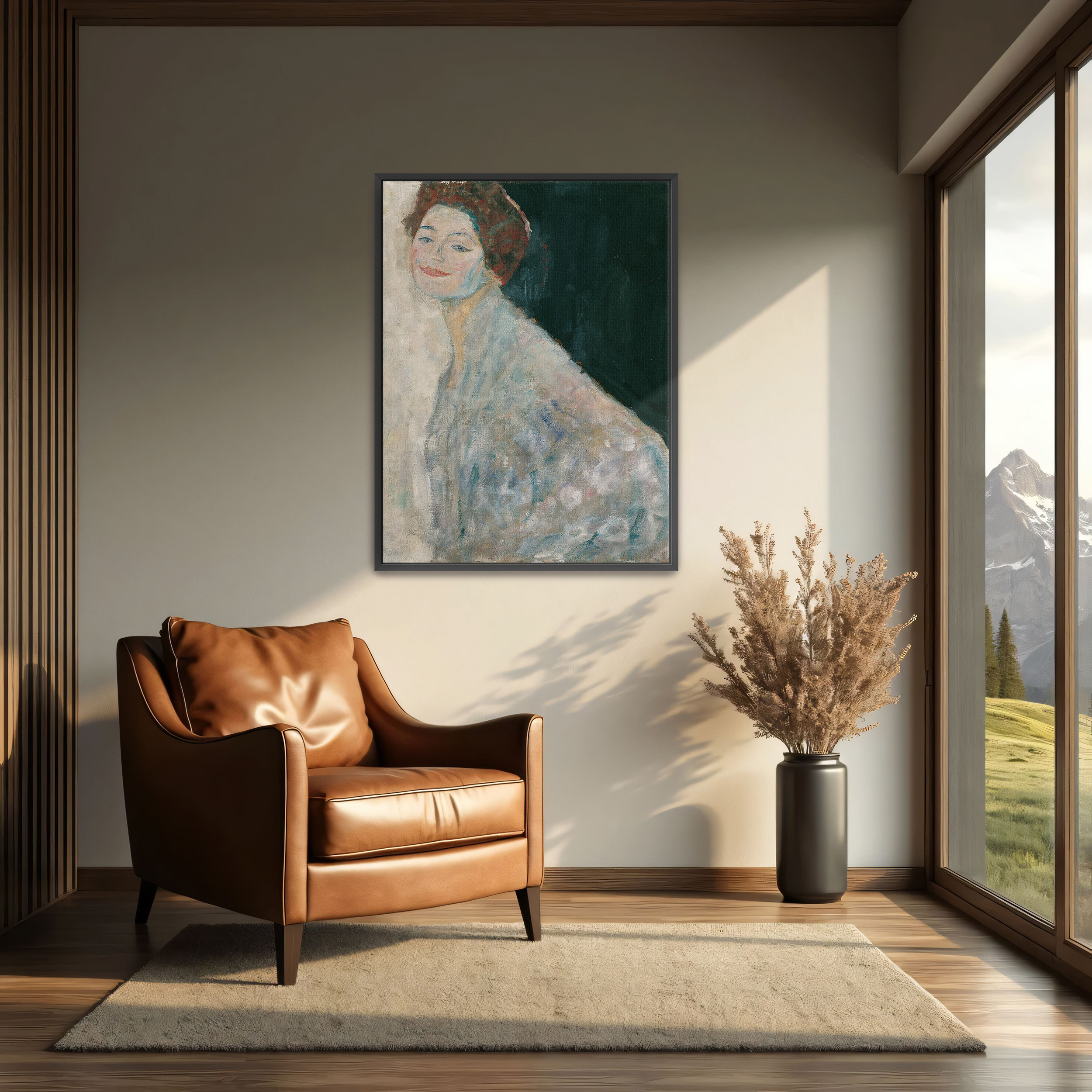 Lady in White by Gustav Klimt as a print on a wall, room view 2