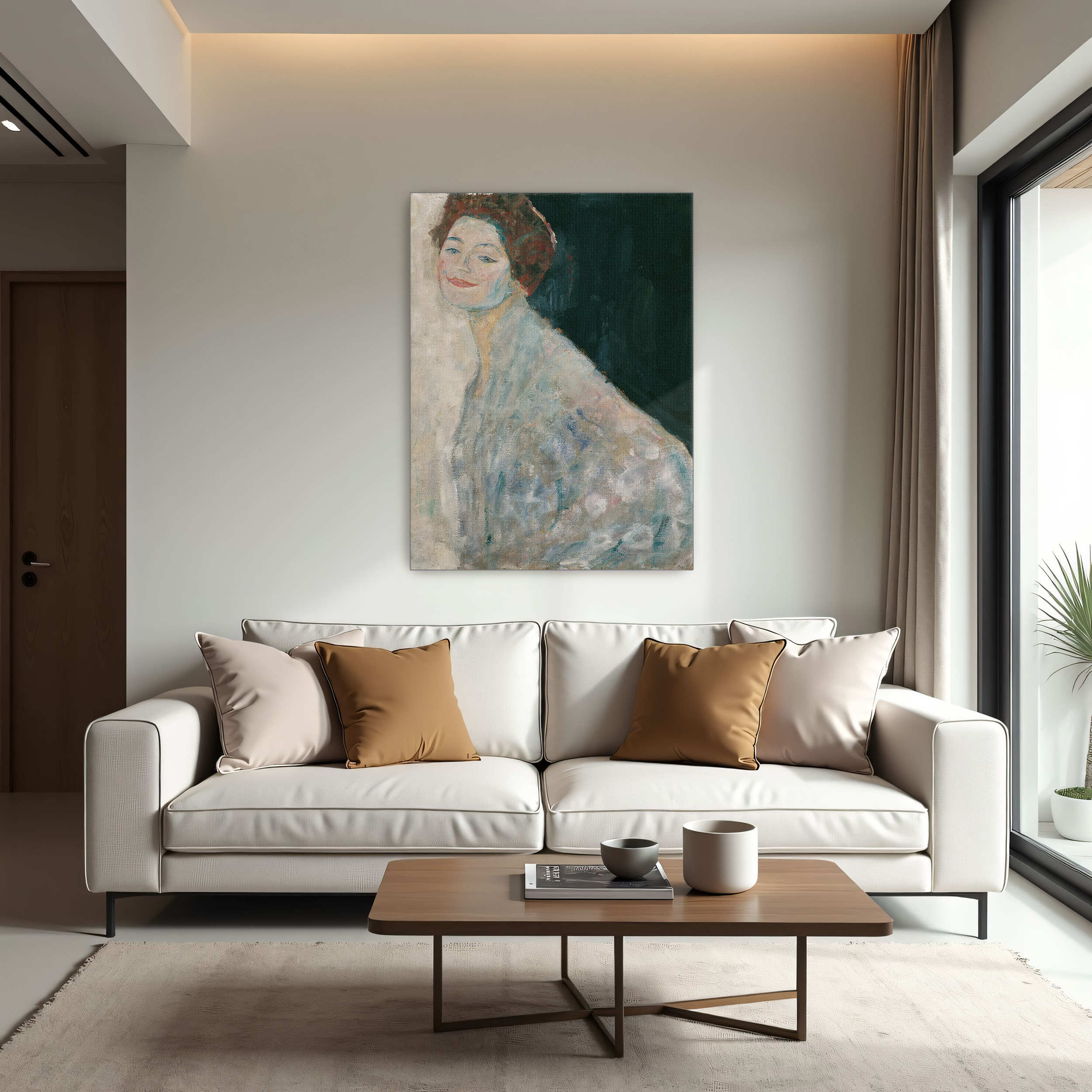 Lady in White by Gustav Klimt as a print on a wall, room view 1
