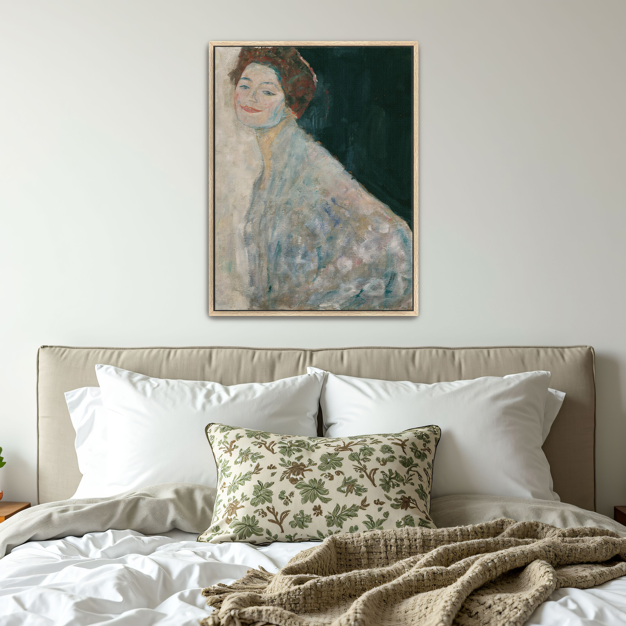 Lady in White by Gustav Klimt as a print on a wall, room view 4