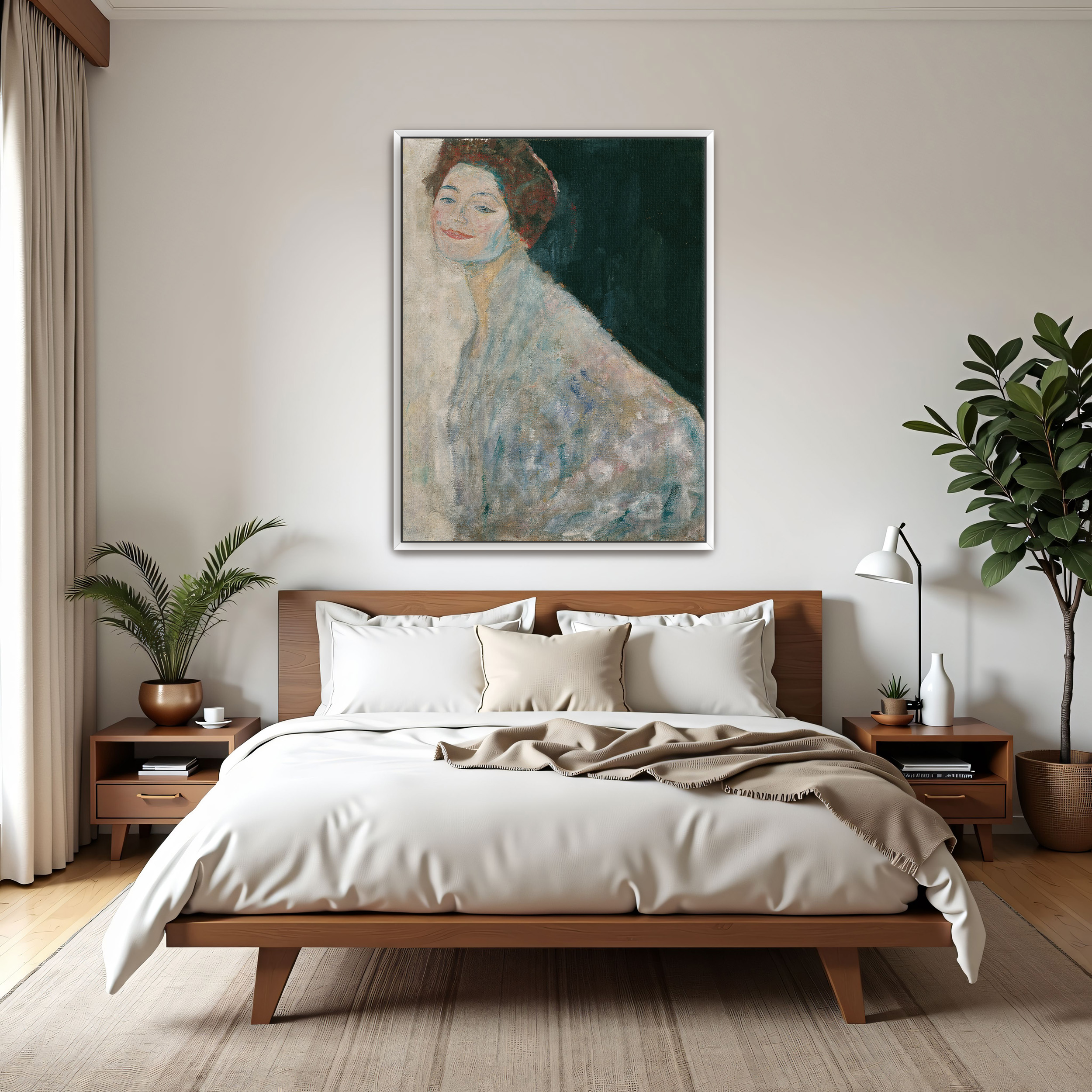 Lady in White by Gustav Klimt as a print on a wall, room view 3