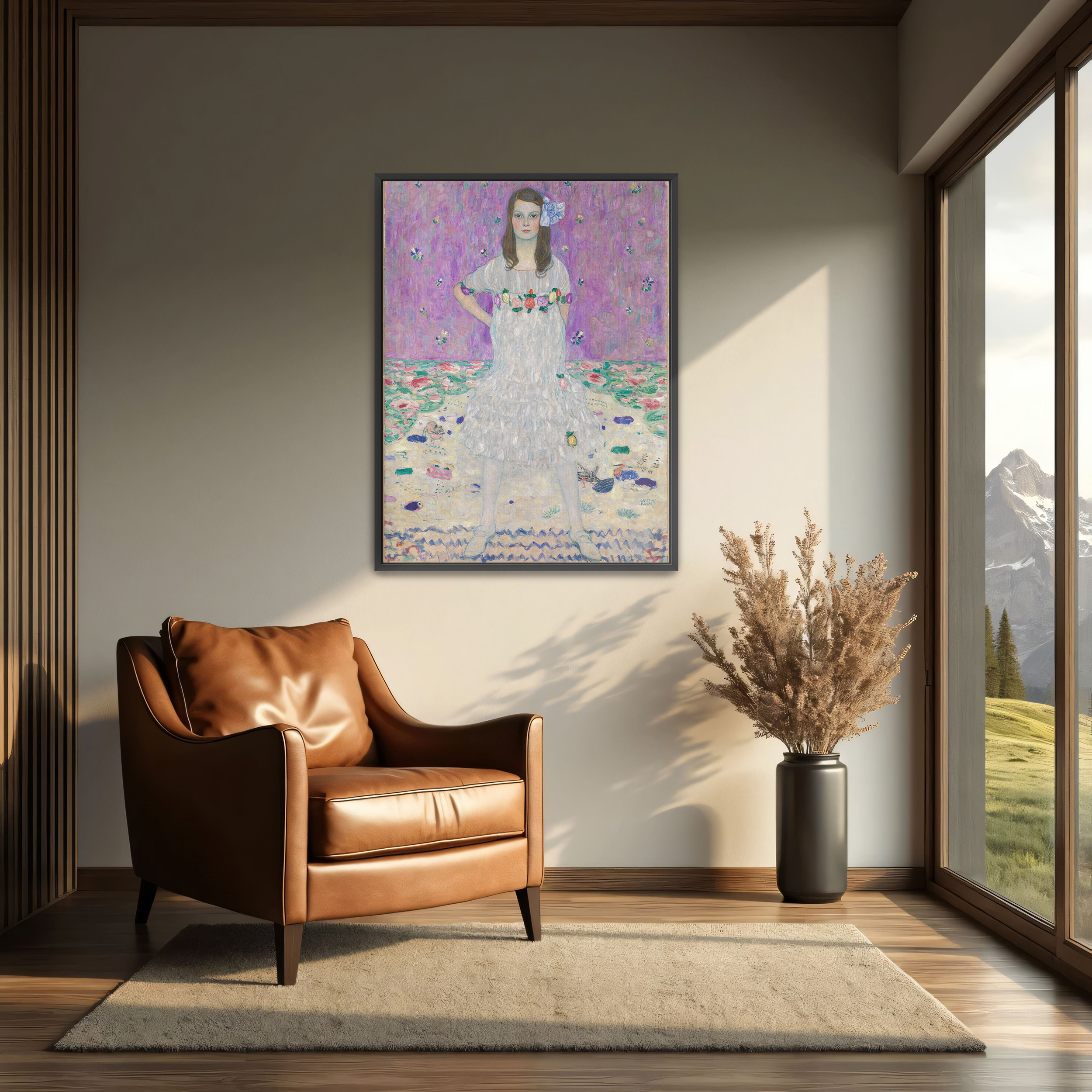 Portrait of Mäda Primavesi by Gustav Klimt as a print on a wall, room view 2