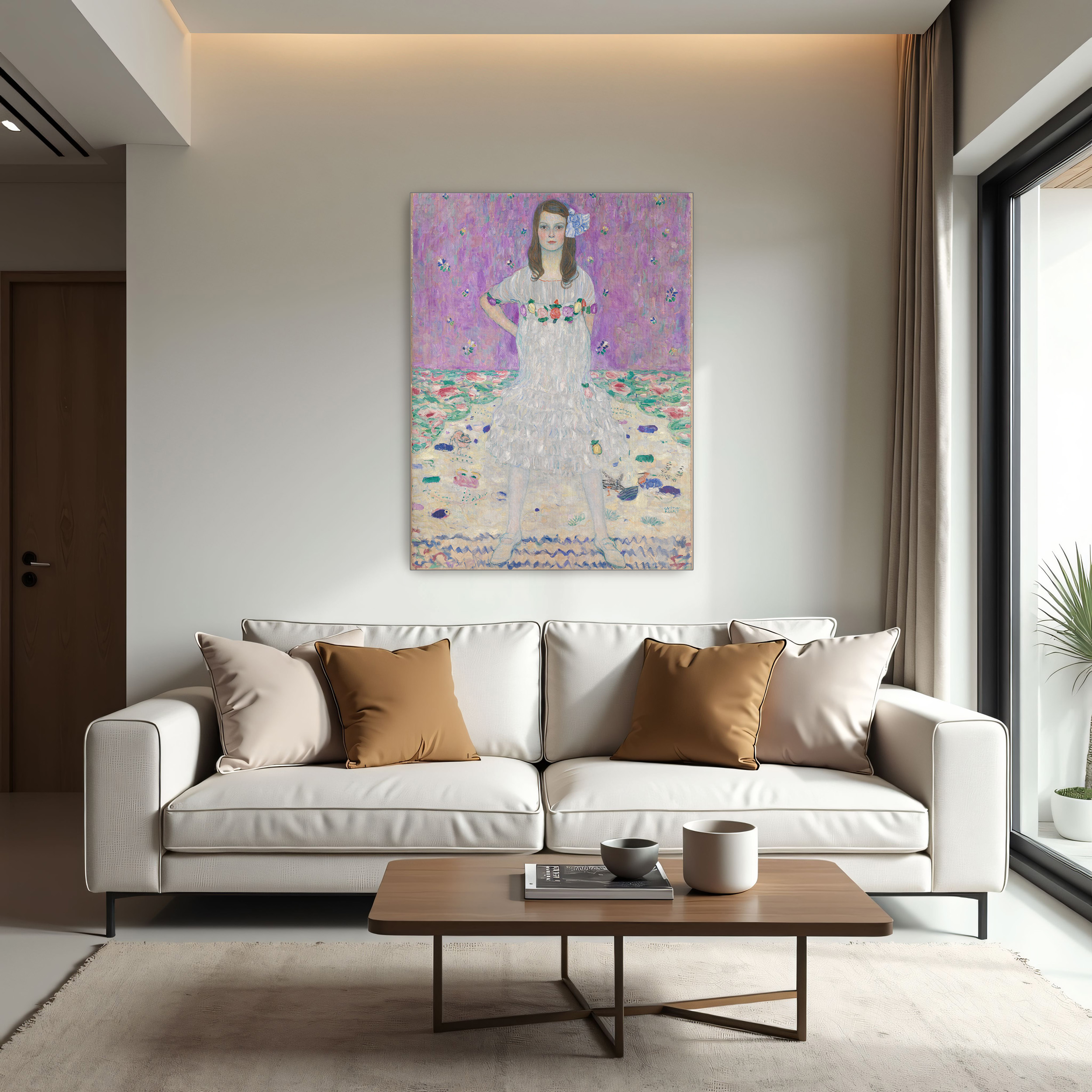 Portrait of Mäda Primavesi by Gustav Klimt as a print on a wall, room view 1