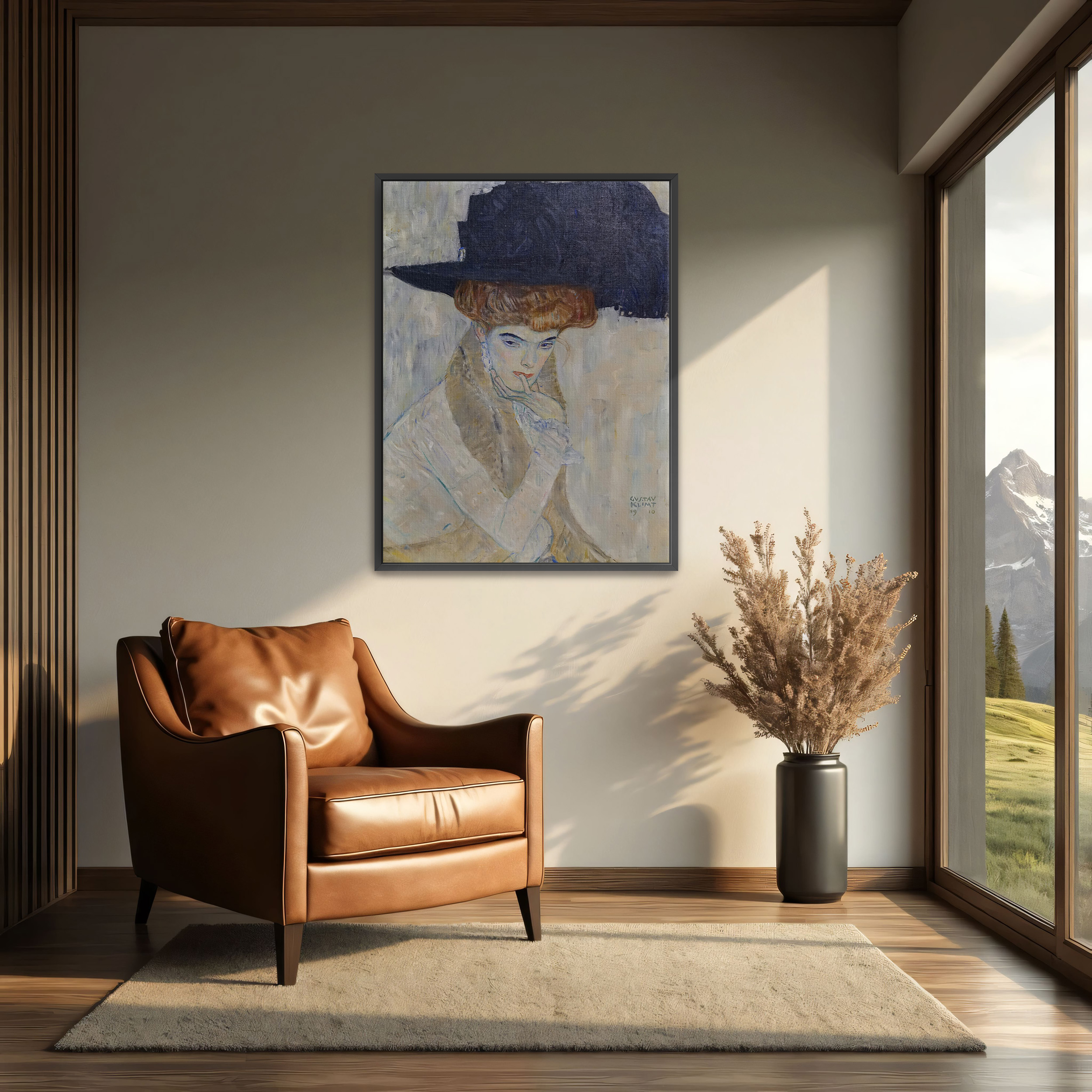 The Black Feathered Hat by Gustav Klimt as a print on a wall, room view 2
