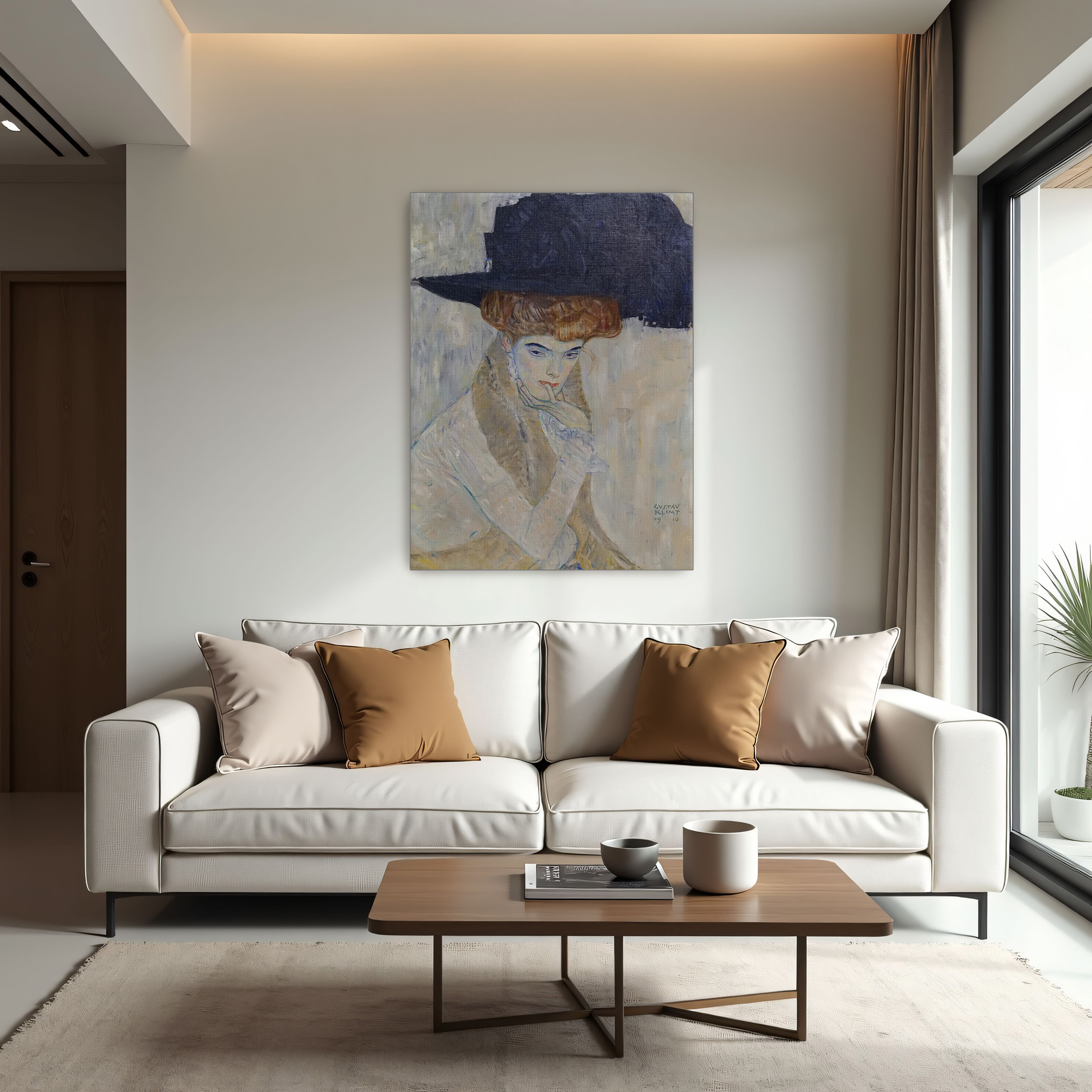 The Black Feathered Hat by Gustav Klimt as a print on a wall, room view 1