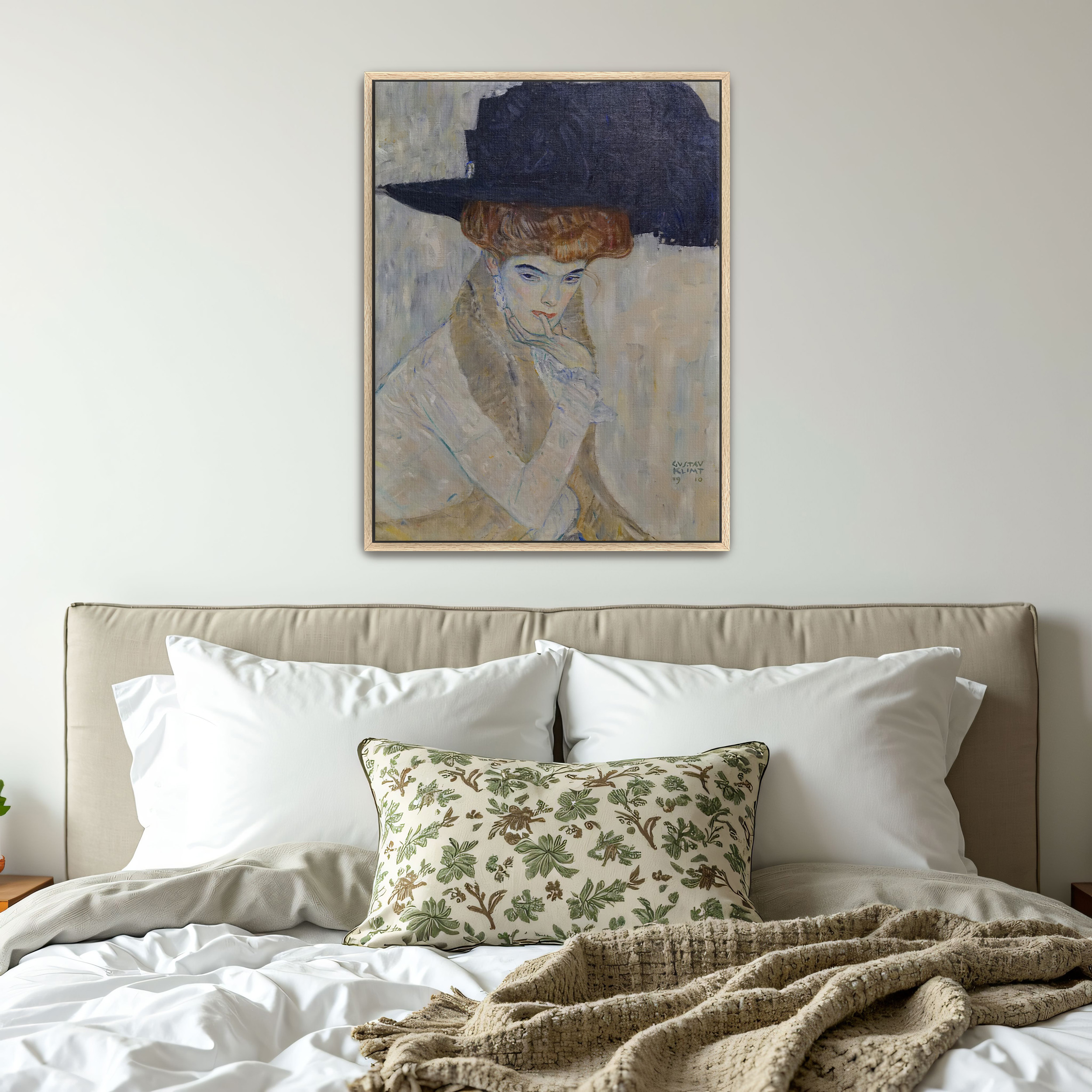 The Black Feathered Hat by Gustav Klimt as a print on a wall, room view 4