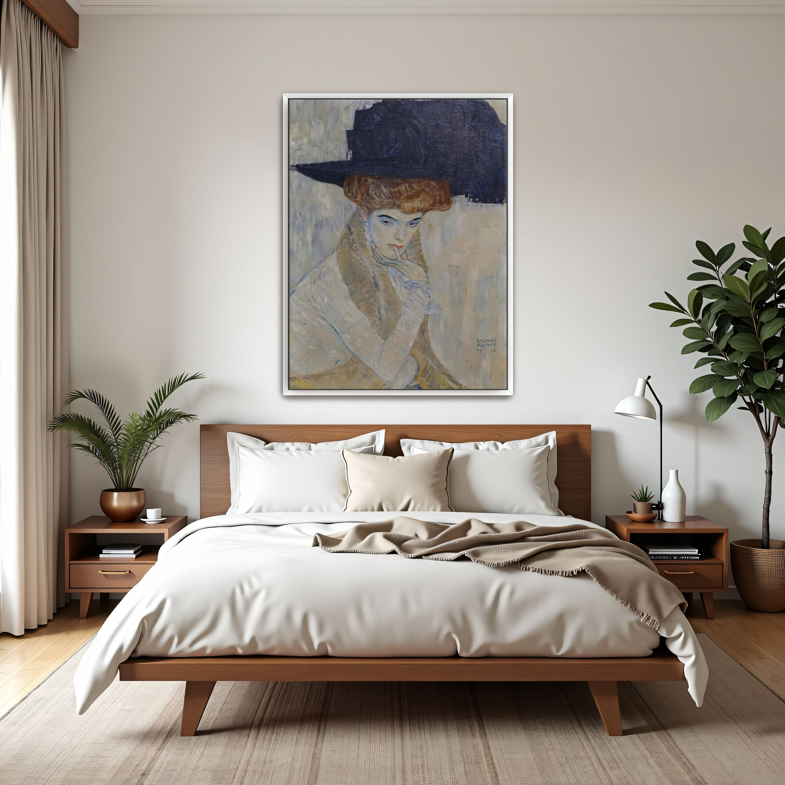 The Black Feathered Hat by Gustav Klimt as a print on a wall, room view 3