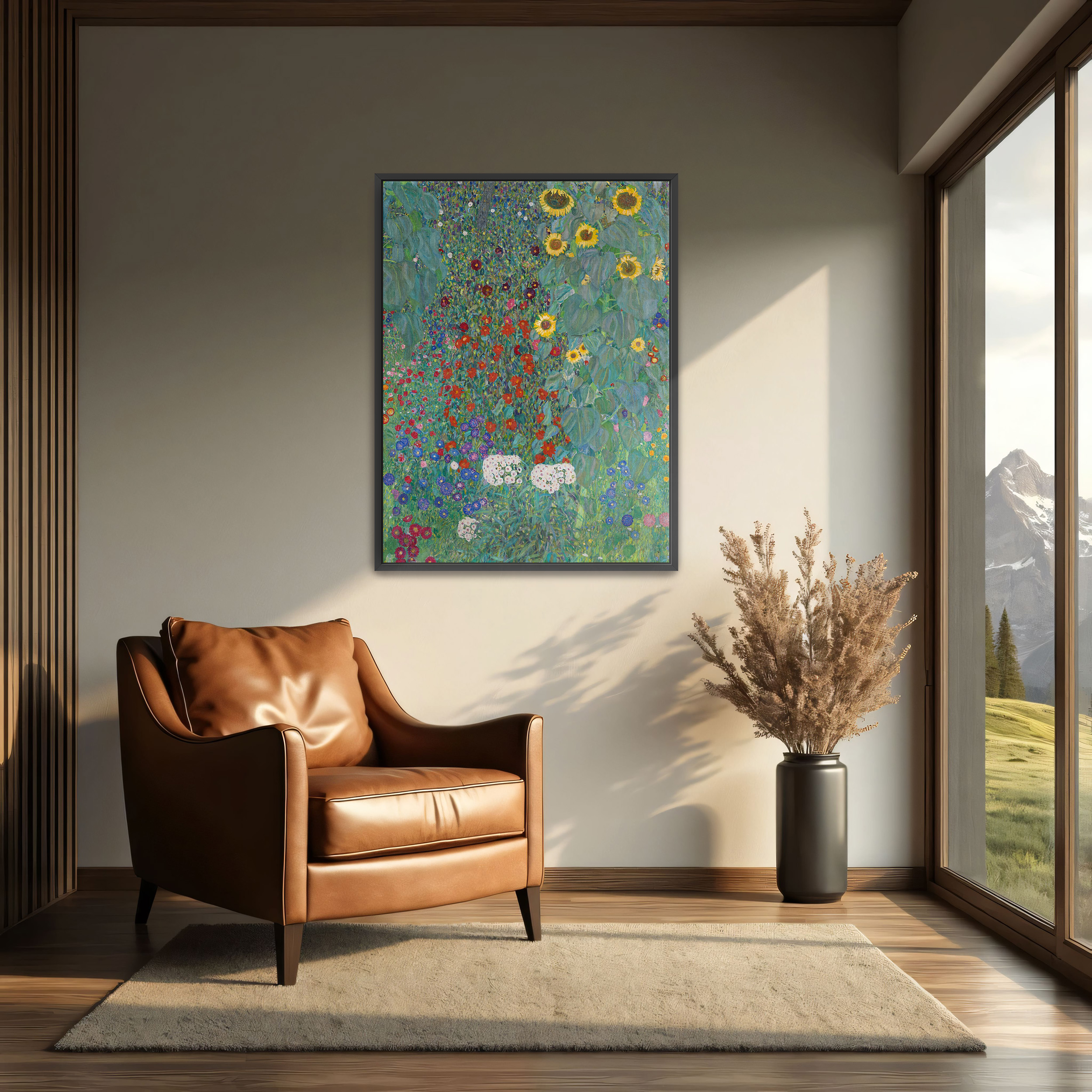 Farm Garden with Sunflowers by Gustav Klimt as a print on a wall, room view 2
