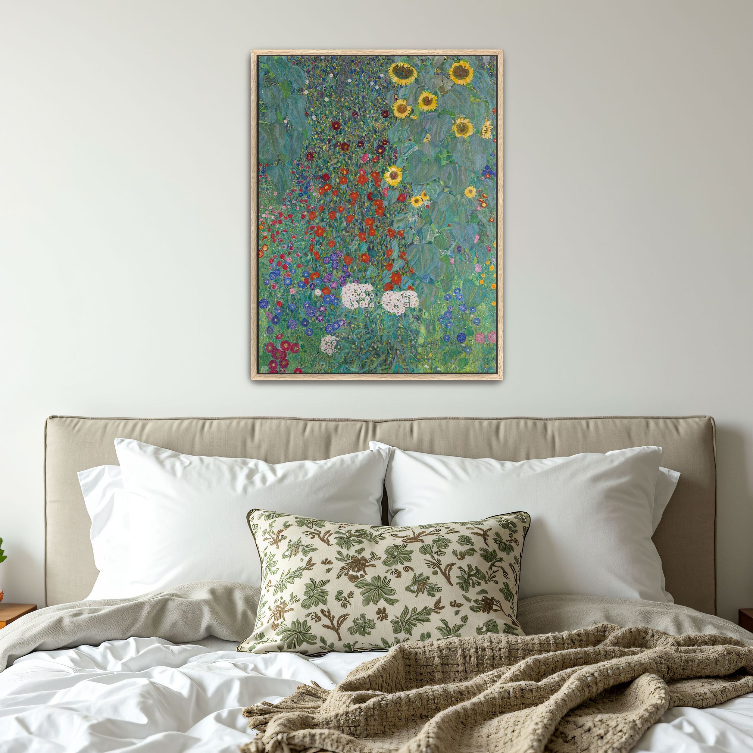 Farm Garden with Sunflowers by Gustav Klimt as a print on a wall, room view 4