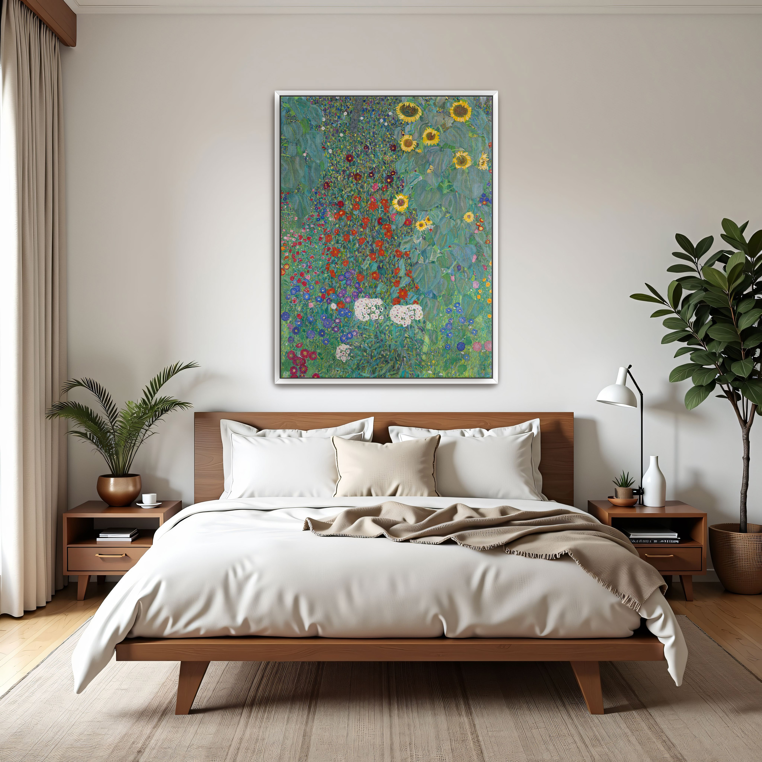 Farm Garden with Sunflowers by Gustav Klimt as a print on a wall, room view 3