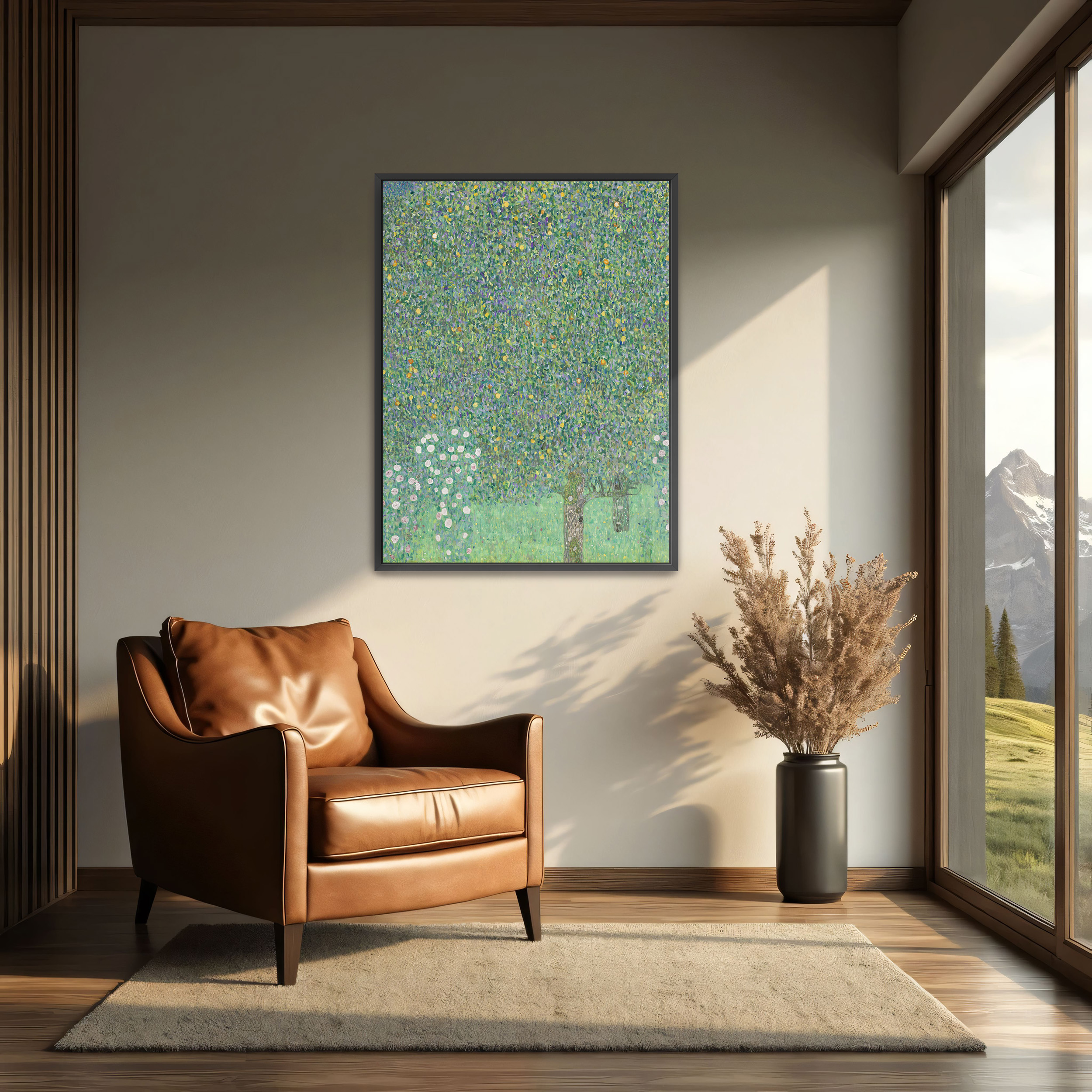 Rosebushes under the Trees by Gustav Klimt as a print on a wall, room view 2