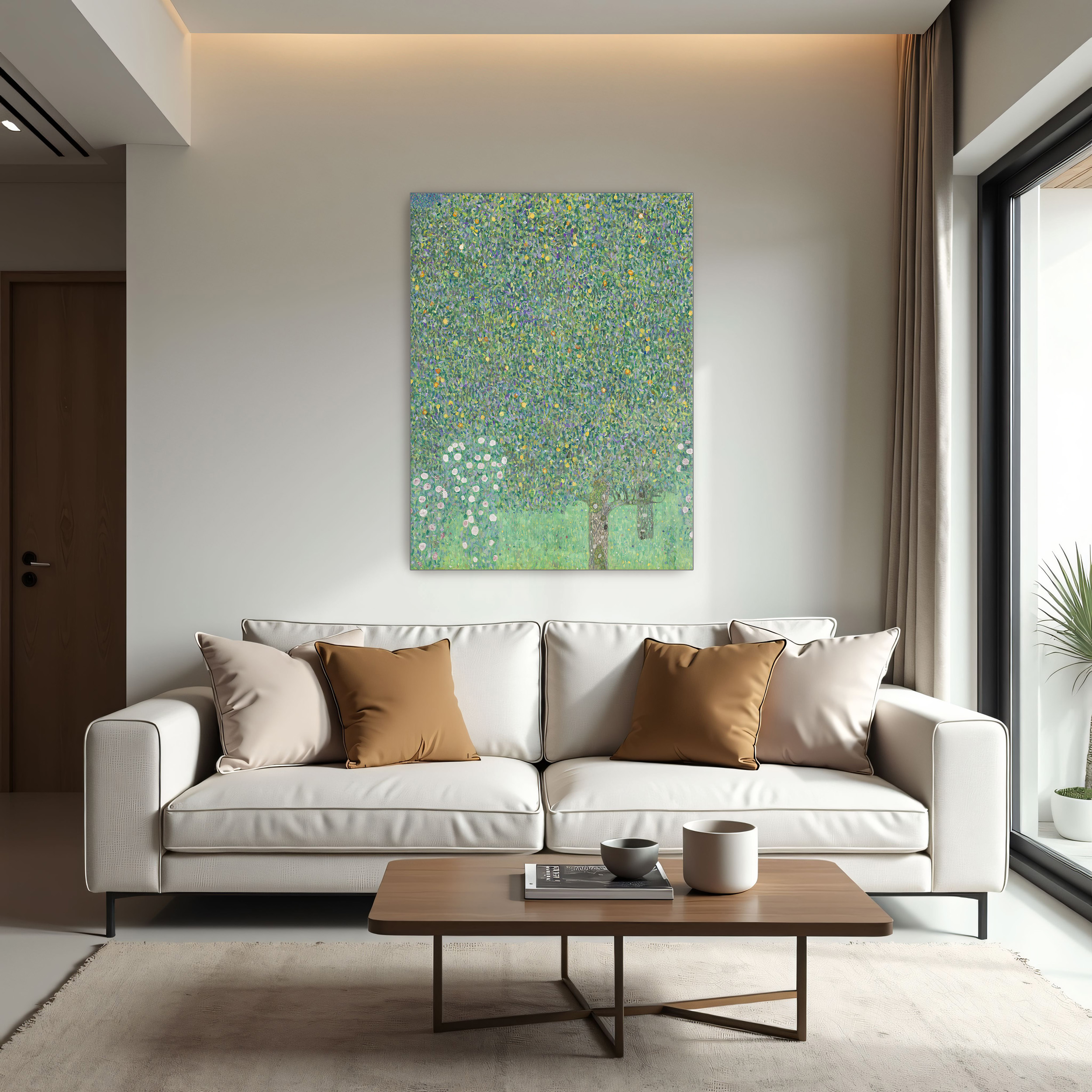 Rosebushes under the Trees by Gustav Klimt as a print on a wall, room view 1