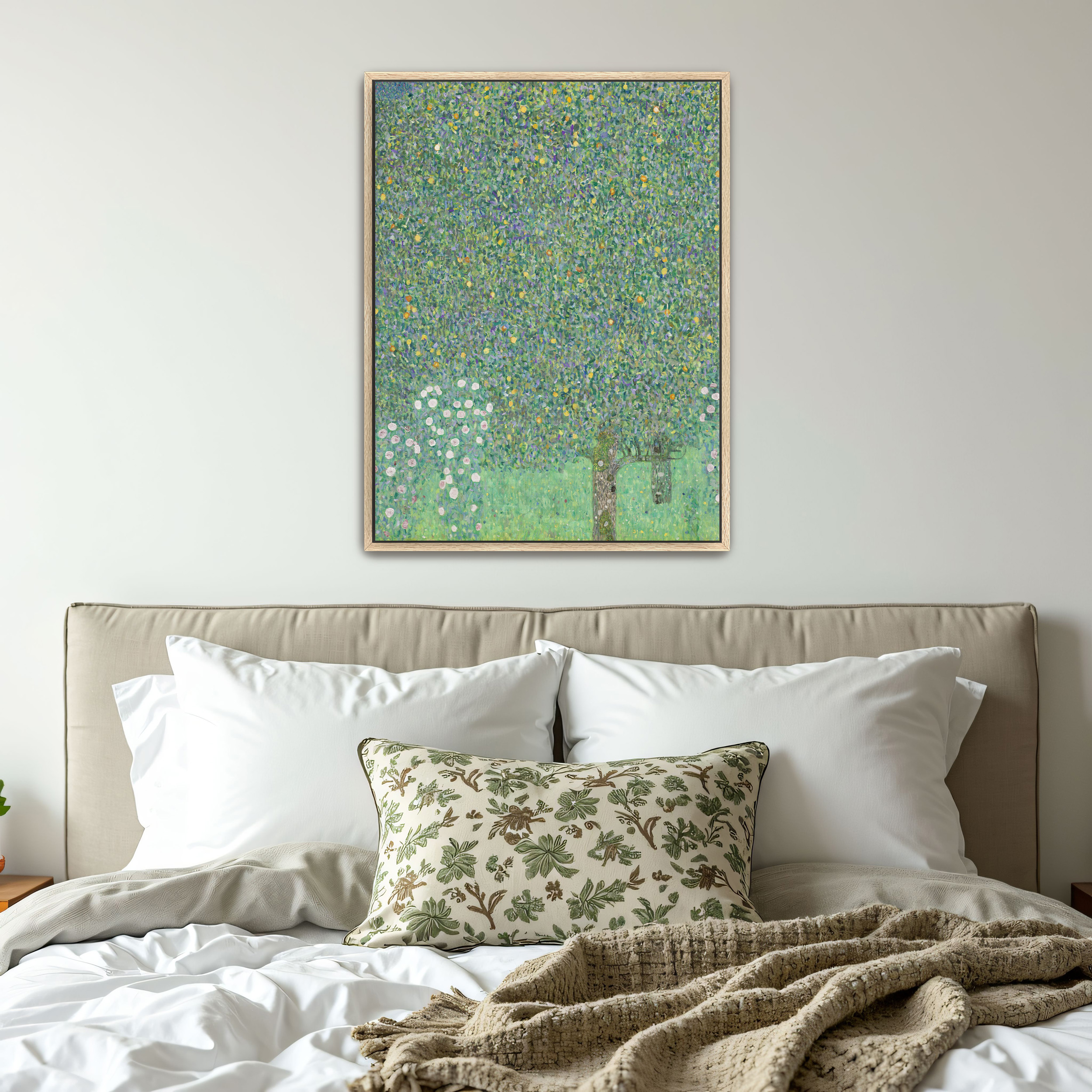 Rosebushes under the Trees by Gustav Klimt as a print on a wall, room view 4