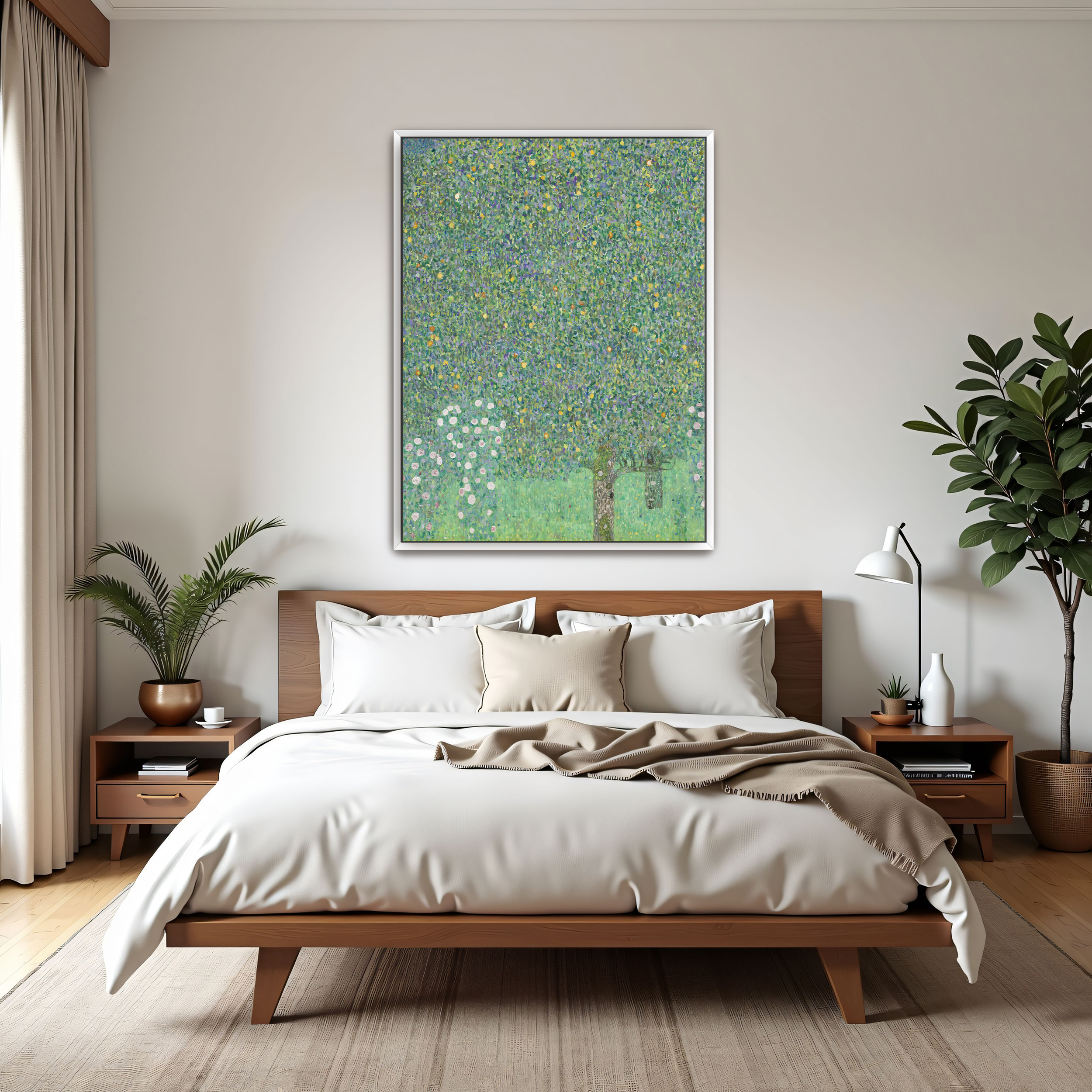 Rosebushes under the Trees by Gustav Klimt as a print on a wall, room view 3